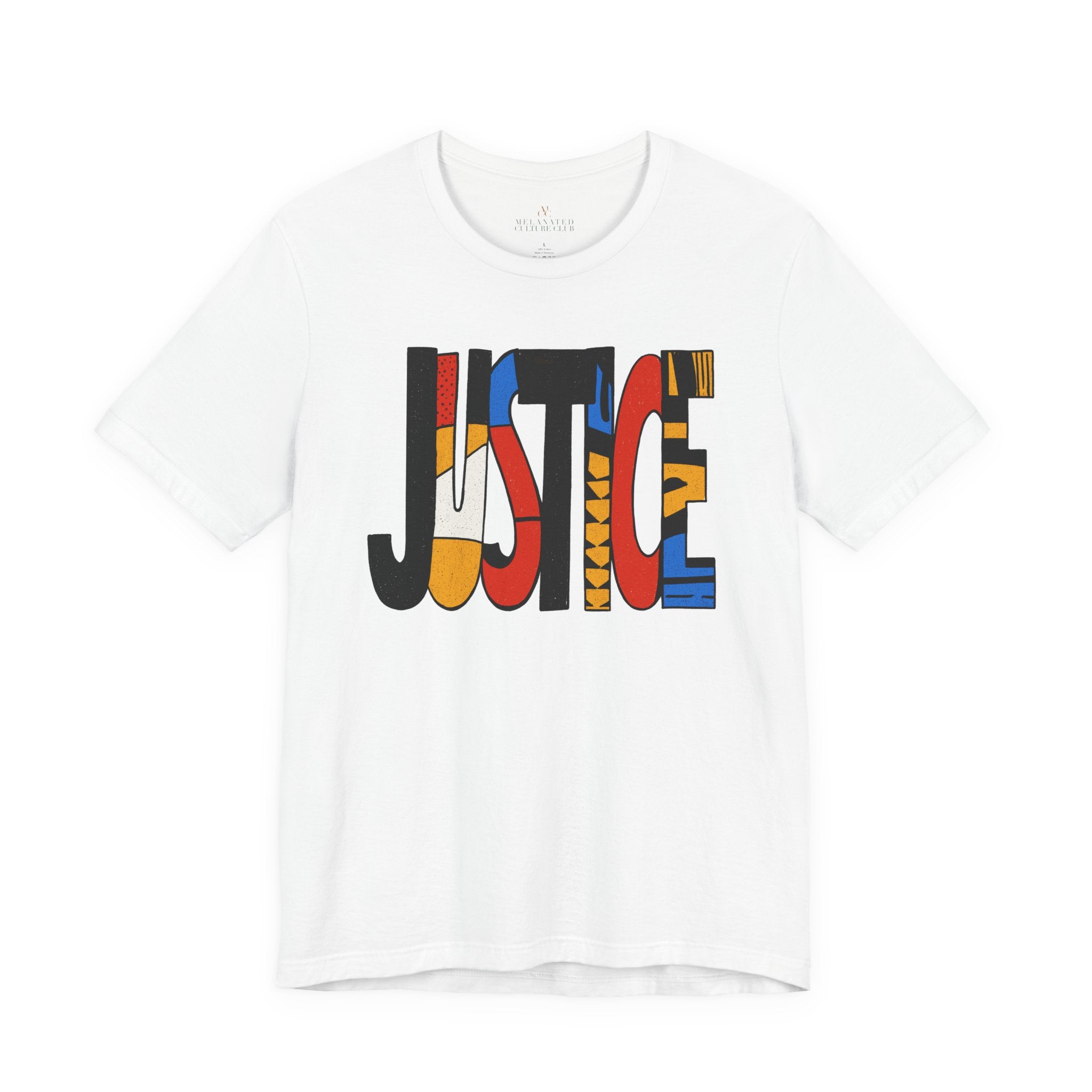 A white short-sleeve crewneck t-shirt featuring a large graphic print on the front spelling 'JUSTICE' in bold, multi-colored abstract blocks. The brand name 'MURPHY'S' is subtly printed inside the collar.