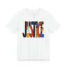 A white short-sleeve crewneck t-shirt featuring a large graphic print on the front spelling 'JUSTICE' in bold, multi-colored abstract blocks. The brand name 'MURPHY'S' is subtly printed inside the collar.
