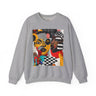 Black Women Collage Art Sweatshirt featuring a vibrant multidimensional “Soul Sister” pop art design in bold colors, Afrocentric graphic crewneck celebrating cultural pride and heritage.