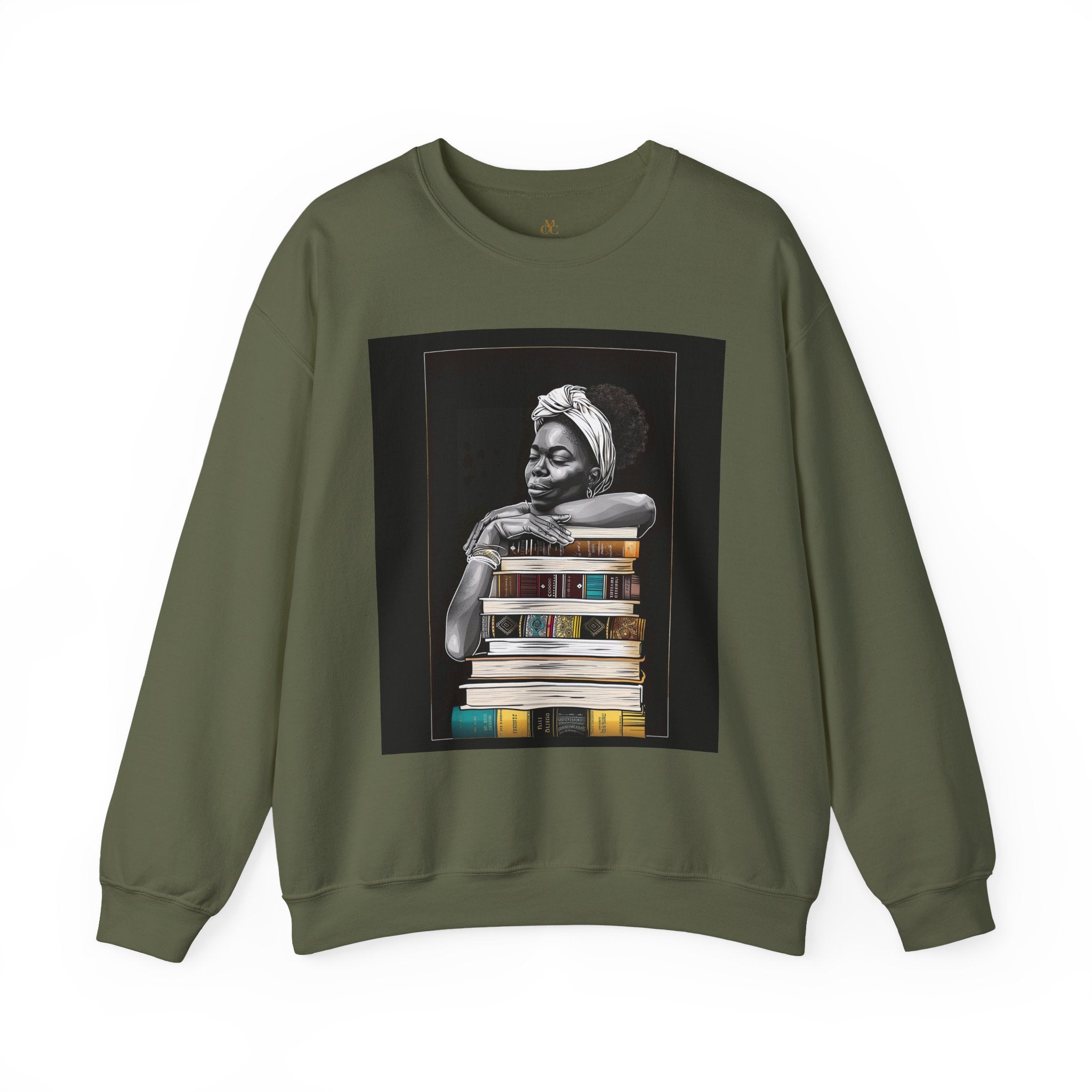 Afrocentric unisex sweatshirt featuring a Black woman embracing books. Cozy crewneck celebrating education, knowledge, freedom, and generational legacy.