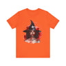 Black Witch Tee Shirt featuring an Afrocentric illustration of a beautiful African American witch in Halloween style, unisex graphic tee for Afrocentric fashion and spooky season streetwear.