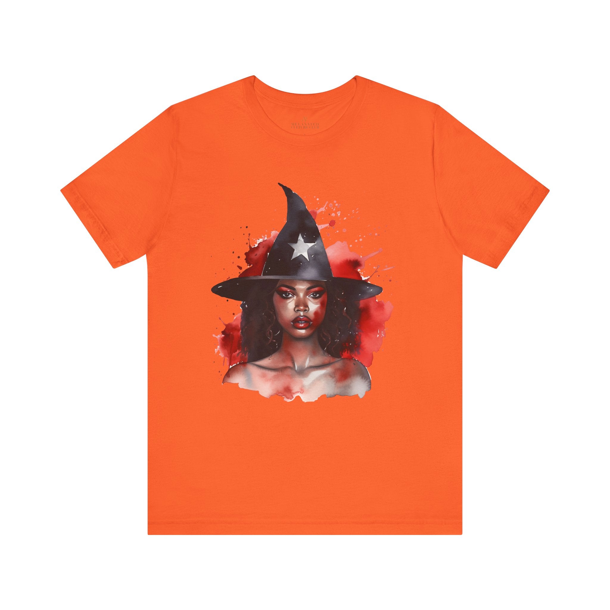 Black Witch Tee Shirt featuring an Afrocentric illustration of a beautiful African American witch in Halloween style, unisex graphic tee for Afrocentric fashion and spooky season streetwear.