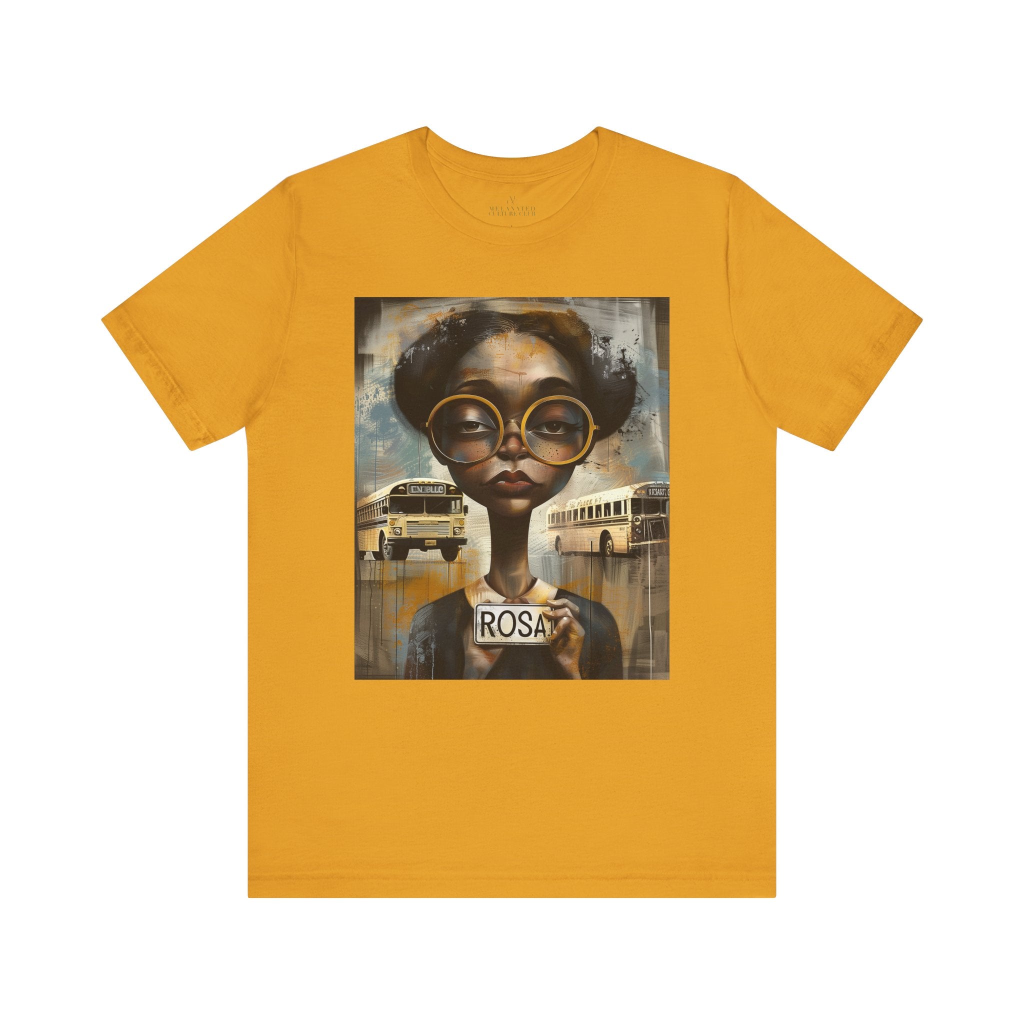 Rosa Parks Mugshot T-Shirt featuring her 1955 booking photo in a bold graphic design. Afrocentric streetwear style honoring civil rights history and Black heritage.