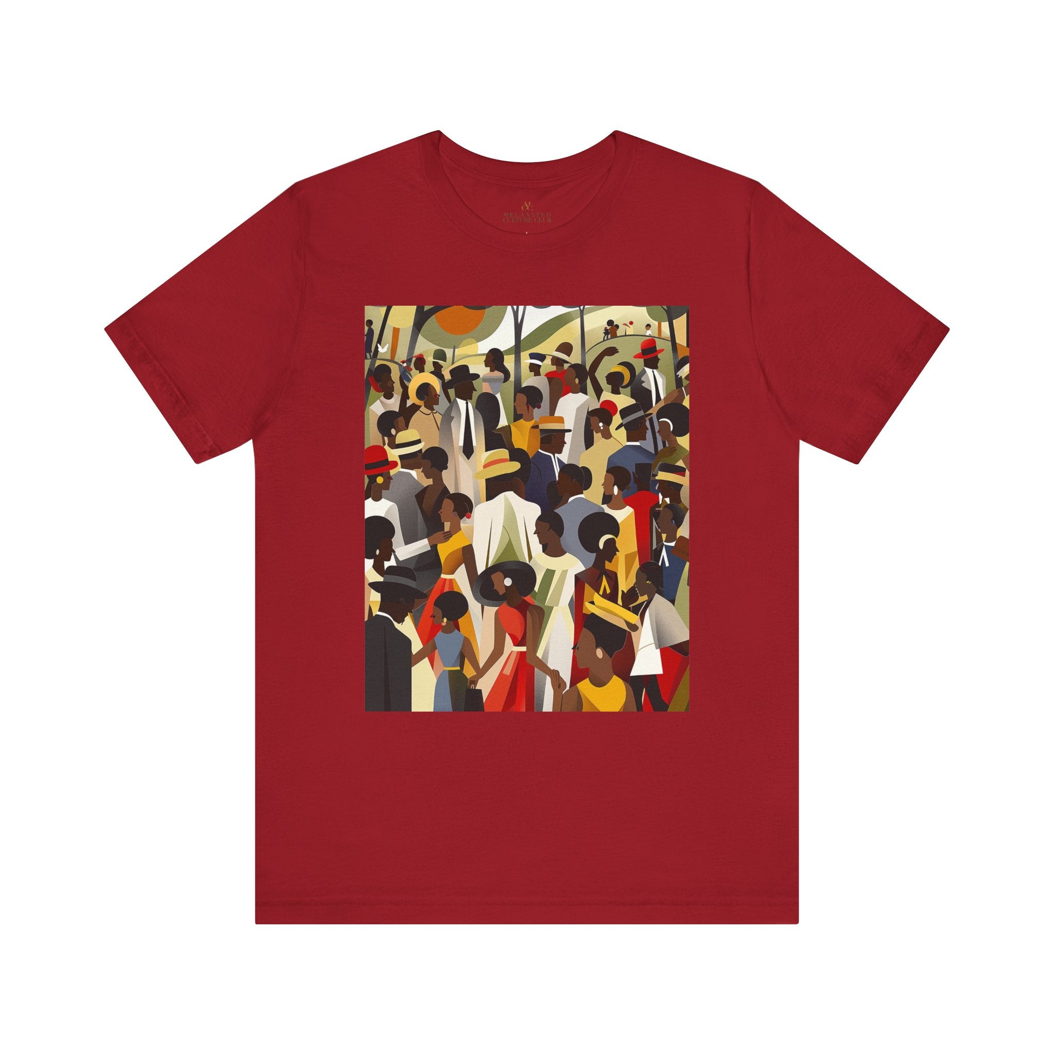 Juneteenth Celebration Tee Shirt featuring an Afrocentric design of Black people enjoying an outdoor picnic and family reunion. Adult unisex top honoring African American heritage, freedom, and cultural pride.