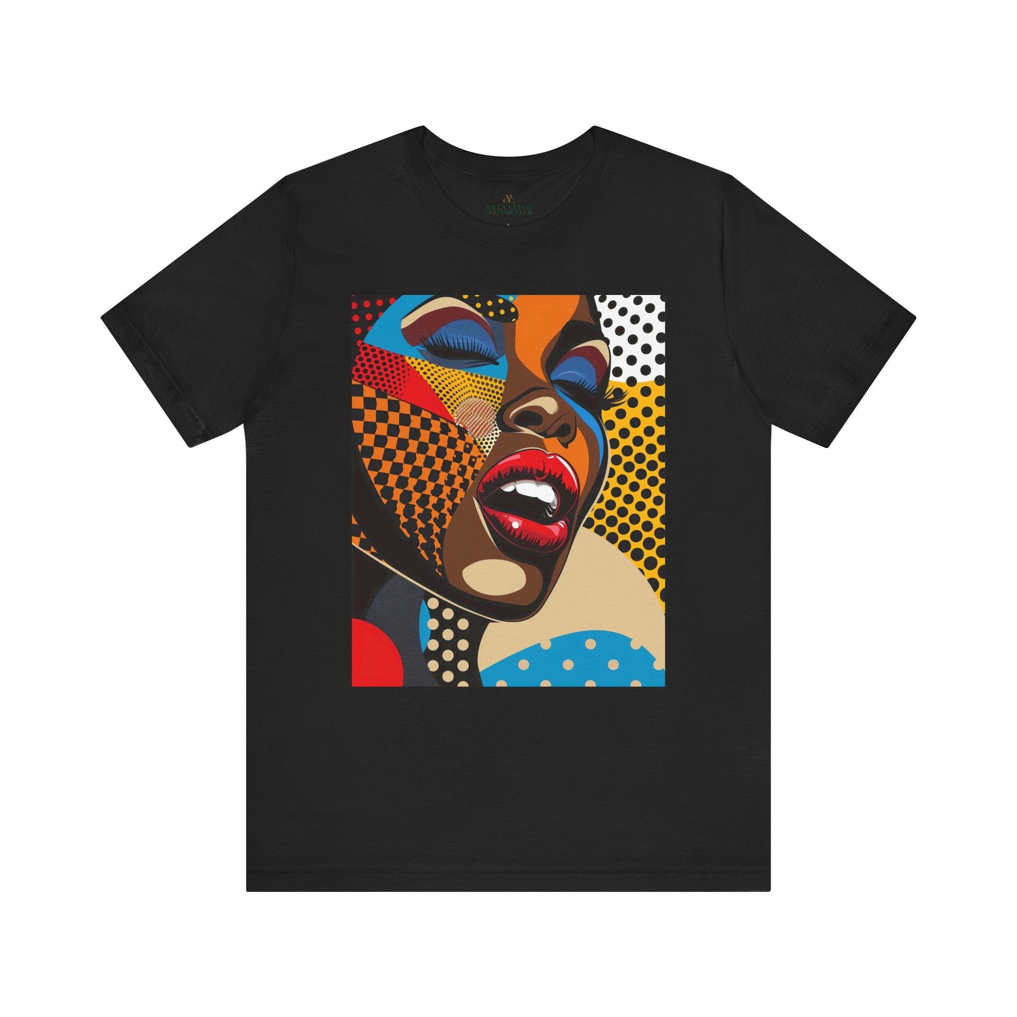 Beautiful Black Girl Pop Art Tee featuring a comic book-style illustration of an African American woman with closed eyes and bold red lips singing. Designed in bright, vivid colors with Afrocentric flair and Pop Art movement aesthetics.