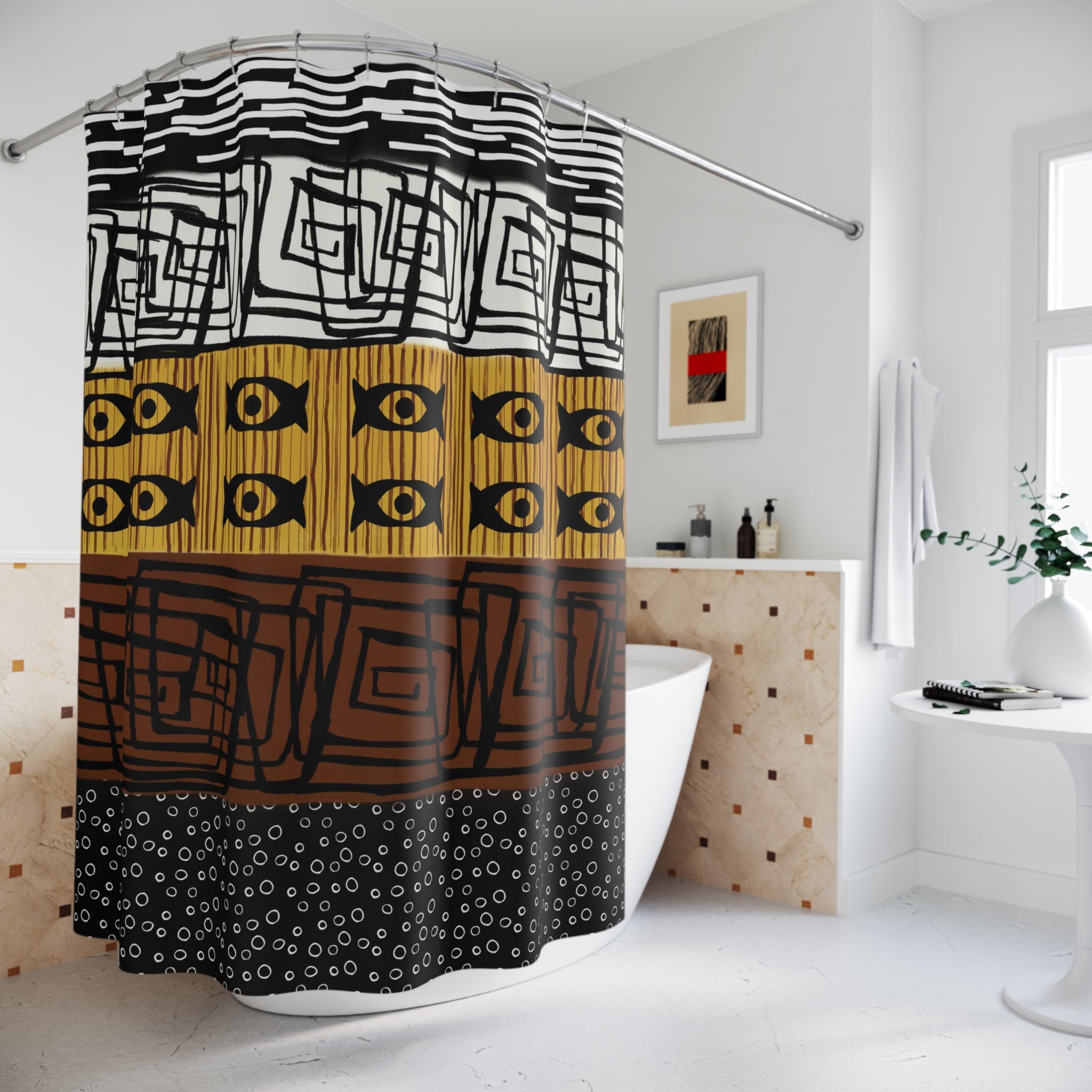 African Mud Cloth Bathroom Shower Curtain featuring traditional African-inspired patterns in a bold, Afrocentric design, perfect for culturally rich and stylish home decor.