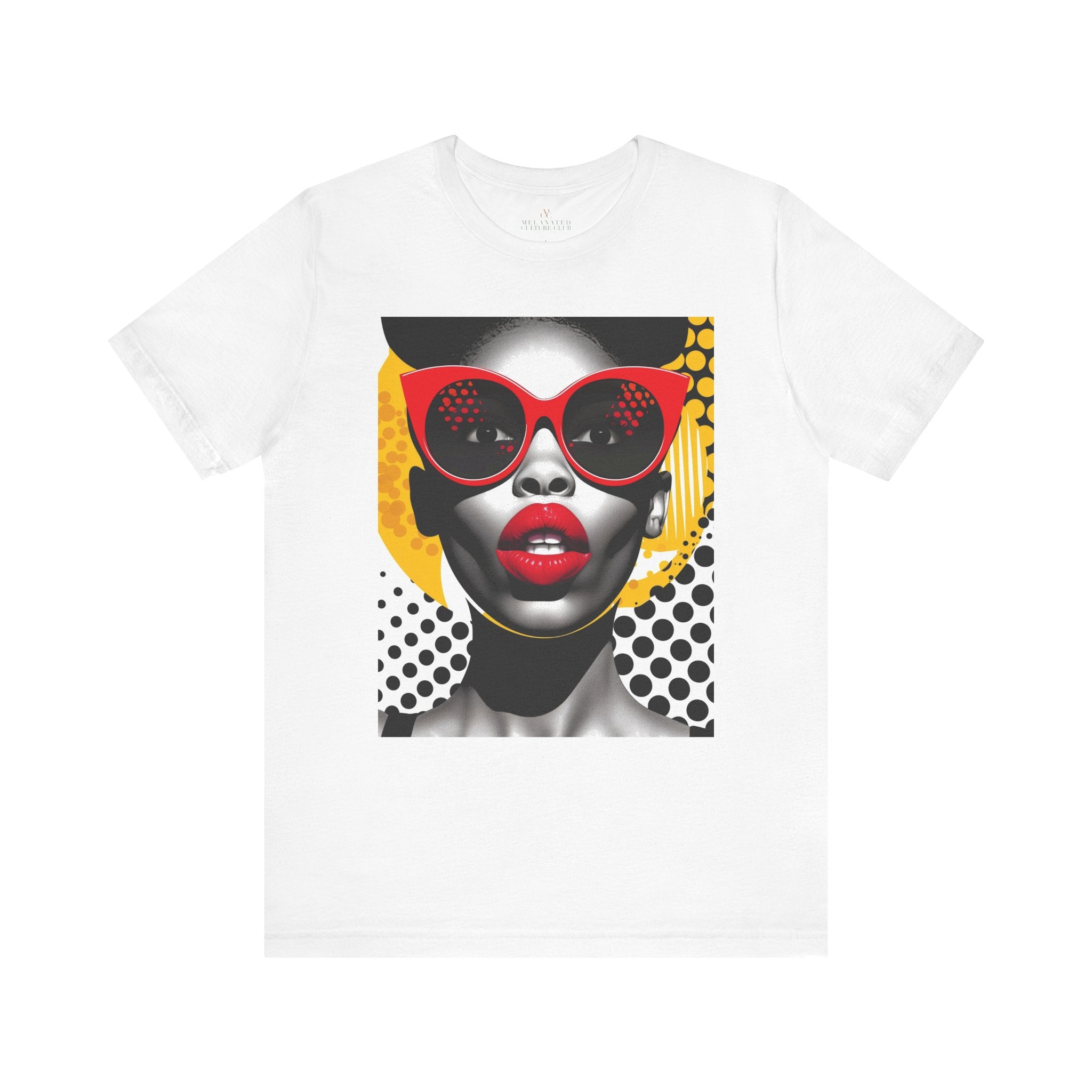 Black Woman Shock Pop Art Tee Shirt featuring an Afrocentric retro comic style illustration of a surprised Black woman. Bold psychedelic colors and vintage streetwear design celebrating African American fashion and expressive art.
