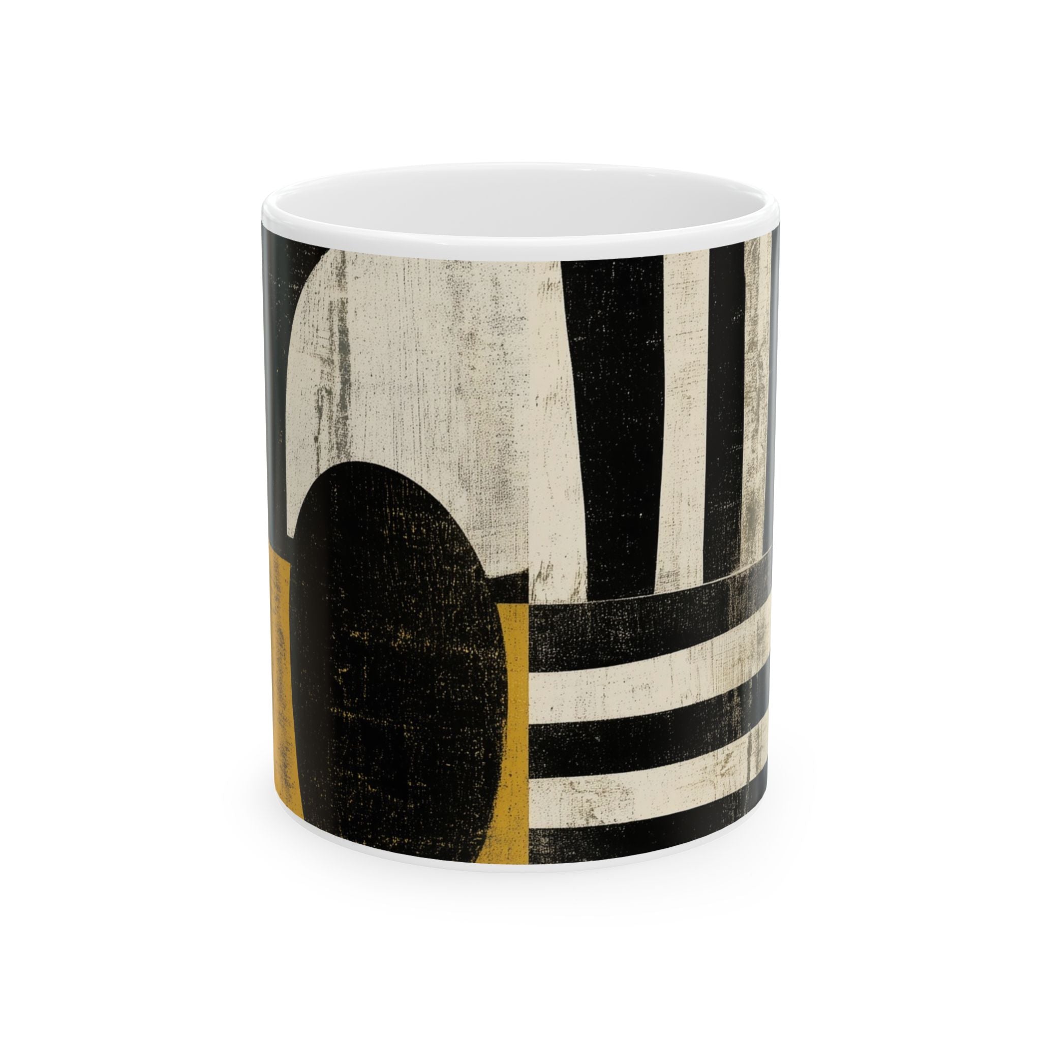 Front view of an 11 oz  Afrocentric geometric coffee mug featuring black, creme and red abstract shapes, arches, stripes and checkerboard patterns, displayed against a white background.