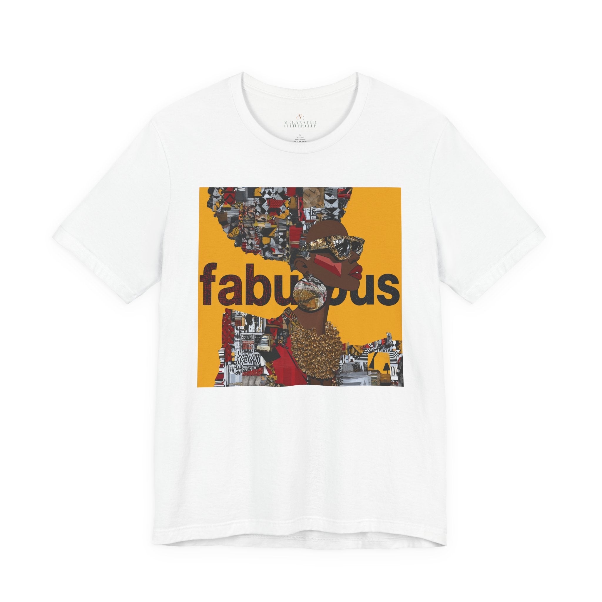 A white short-sleeve t-shirt featuring an Afrocentric Black woman with a large graphic print on the front with the word 'fabulous' in dark brown text over a collage of colorful objects.