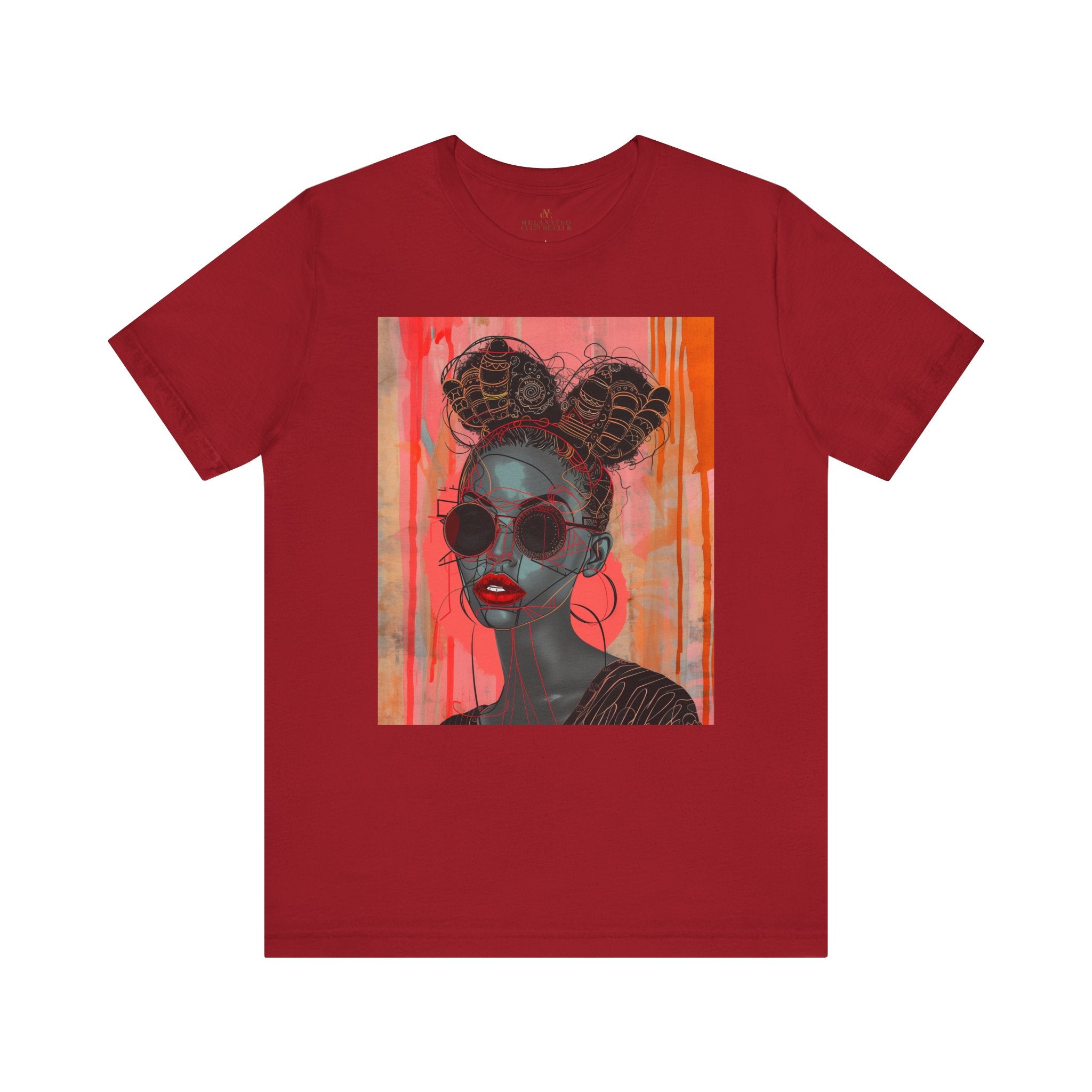 Black Woman Afrofuturism Tee featuring African American woman with Bantu knots and round fashion sunglasses, Afrocentric unisex shirt with futuristic and cultural design.