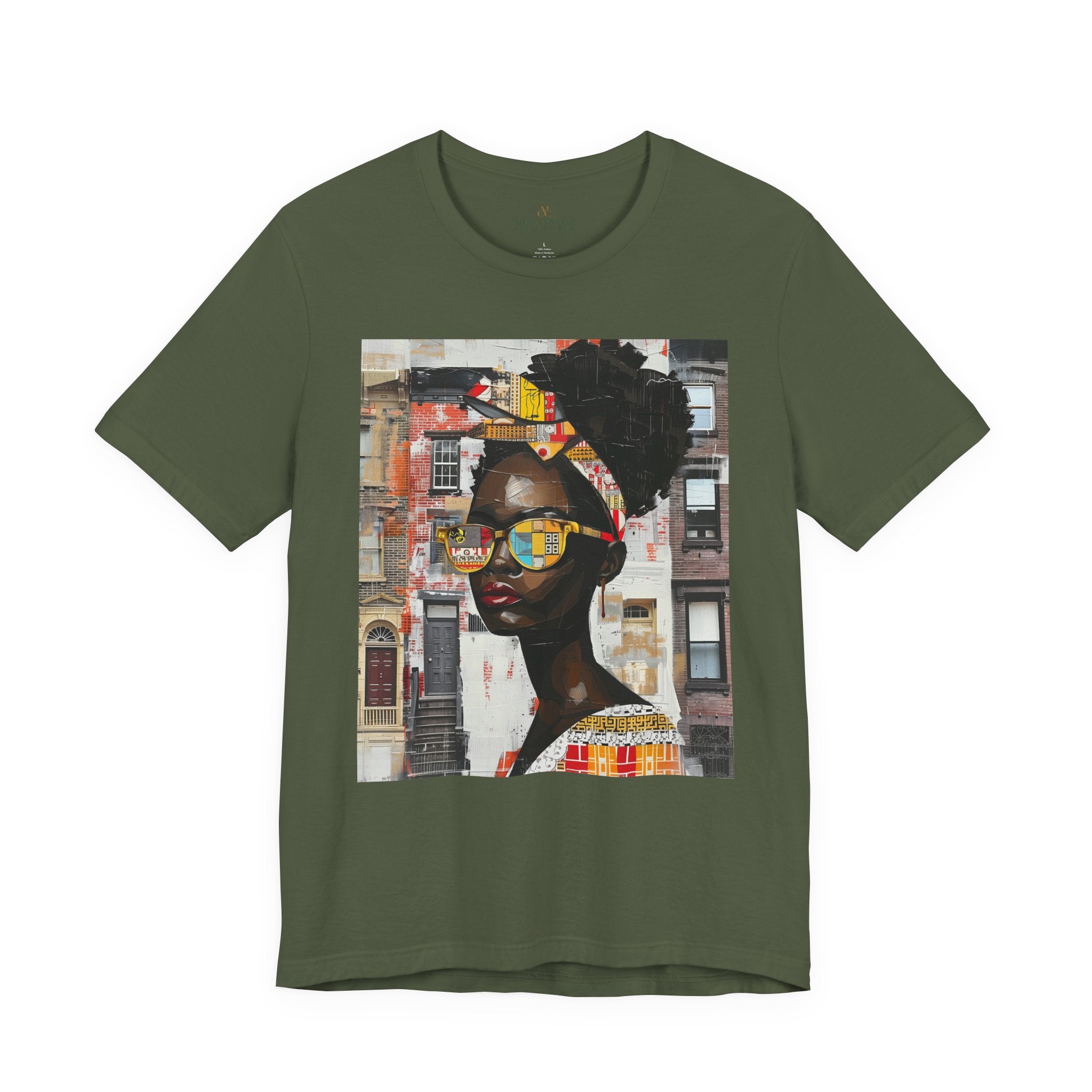 Boss Babe Kendra abstract graffiti T-shirt in military green against a white background.