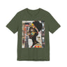 Boss Babe Kendra abstract graffiti T-shirt in military green against a white background.