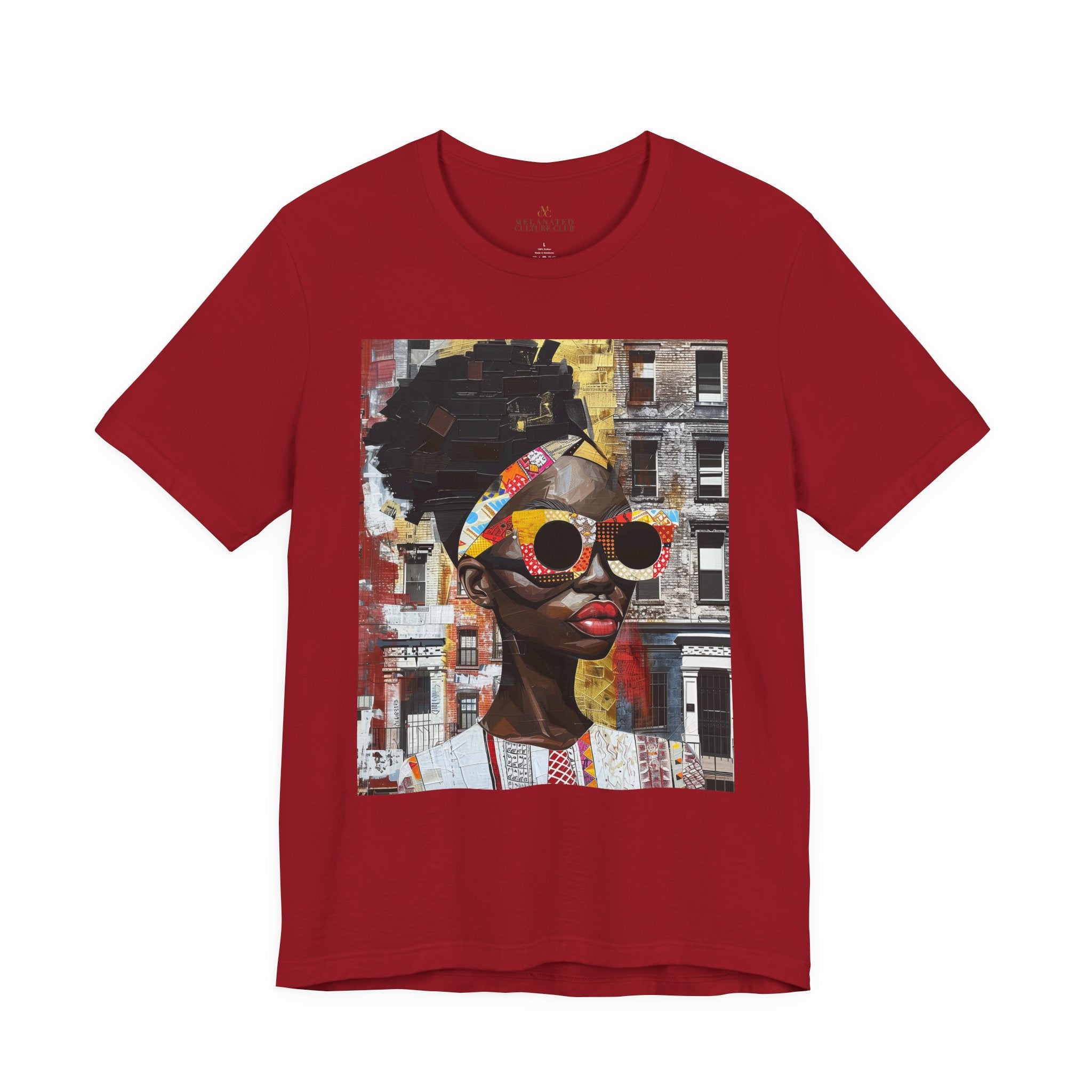 Best Seller Boss Babe graphic tee featuring an abstract cartoon-style Black woman, Lakendra with large round pop-art style sunglasses. The design has a vibrant, graffiti-inspired aesthetic that celebrates African American beauty, confidence, and urban art style.