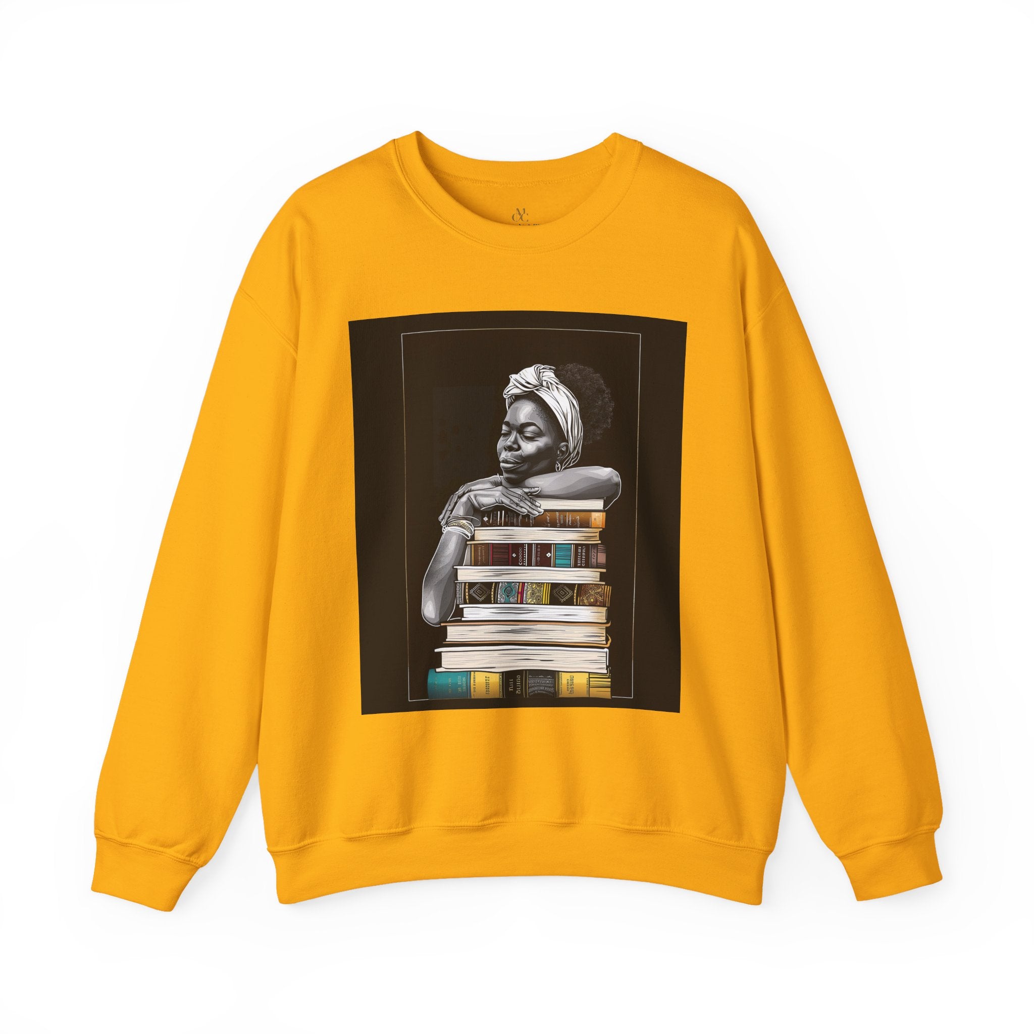 Afrocentric unisex sweatshirt featuring a Black woman embracing books. Cozy crewneck celebrating education, knowledge, freedom, and generational legacy.
