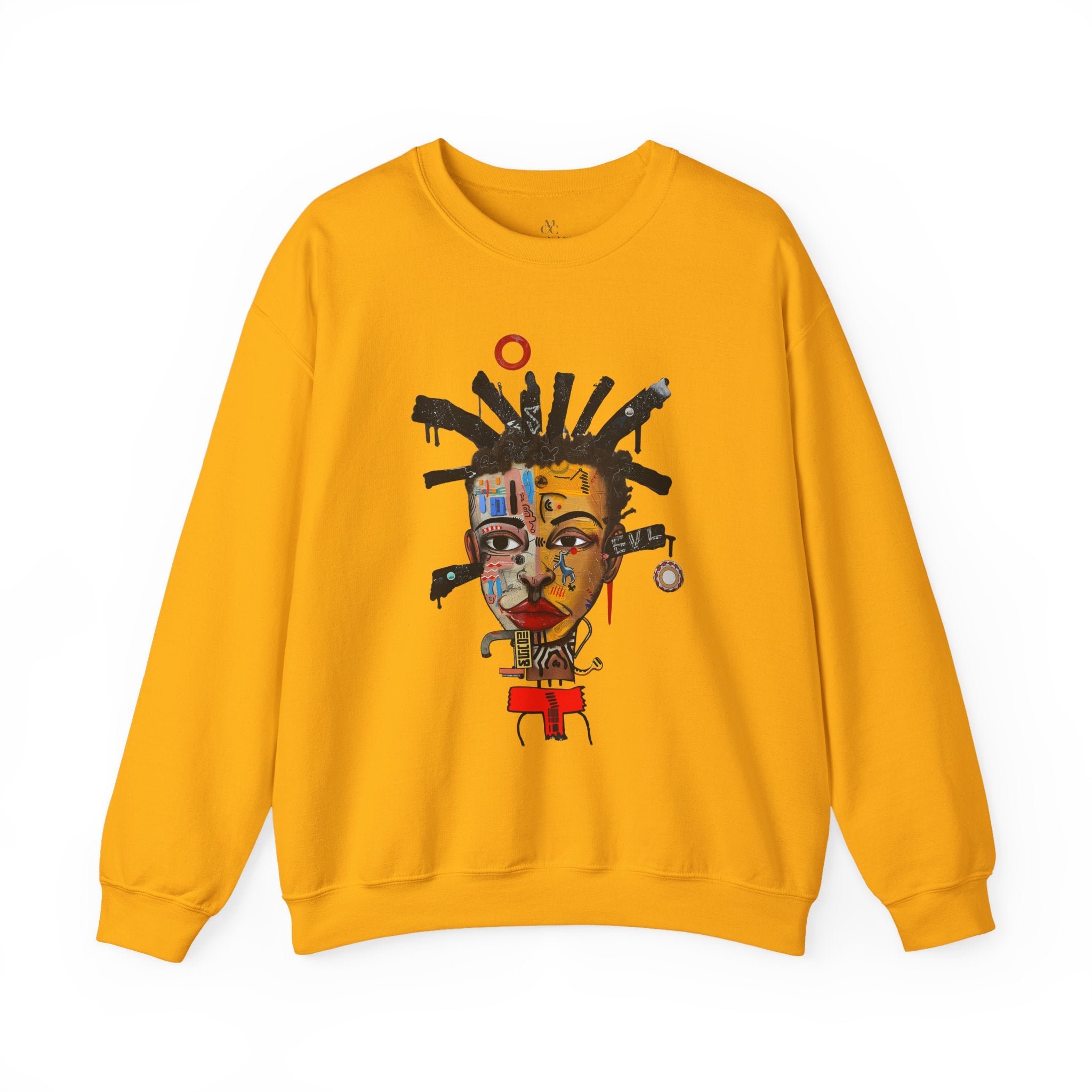Abstract Afrocentric sweatshirt featuring a split-face portrait of a Black man, half human and half robot, with expressive facial features and futuristic mechanical details in an Afrofuturism art style.