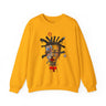 Abstract Afrocentric sweatshirt featuring a split-face portrait of a Black man, half human and half robot, with expressive facial features and futuristic mechanical details in an Afrofuturism art style.