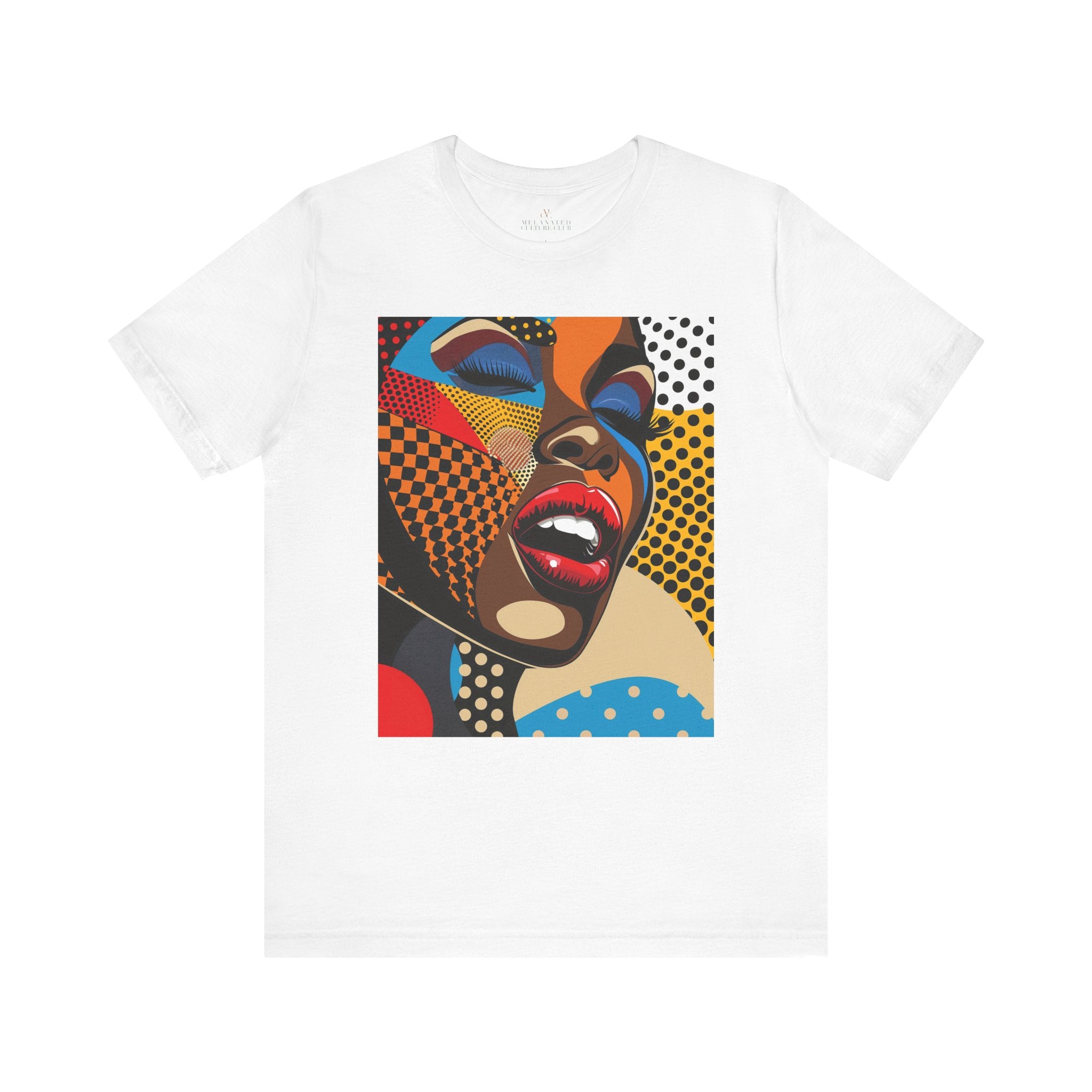 Beautiful Black Girl Pop Art Tee featuring a comic book-style illustration of an African American woman with closed eyes and bold red lips singing. Designed in bright, vivid colors with Afrocentric flair and Pop Art movement aesthetics.