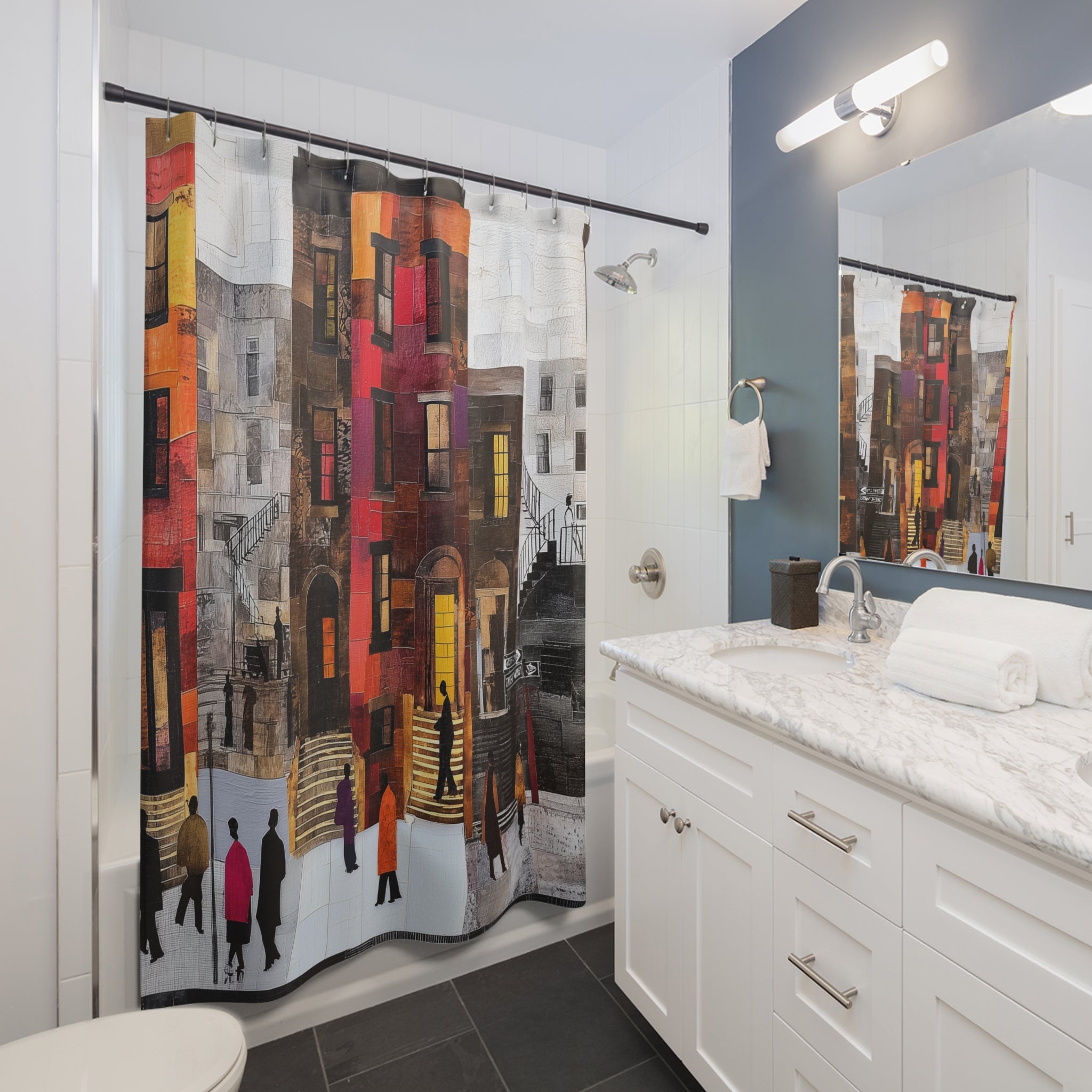 Afrocentric shower curtain featuring Harlem brownstones with Black neighbors gathering on a vibrant street scene inspired by historic NYC community life.