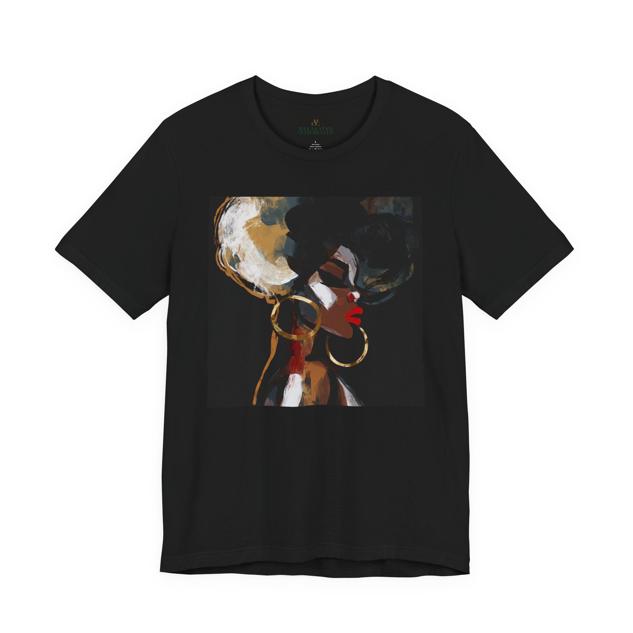 A black short-sleeve crewneck t-shirt featuring a square graphic print of an abstract portrait of a Black woman with dark hair, gold hoop earrings, and red lipstick on a black background.
