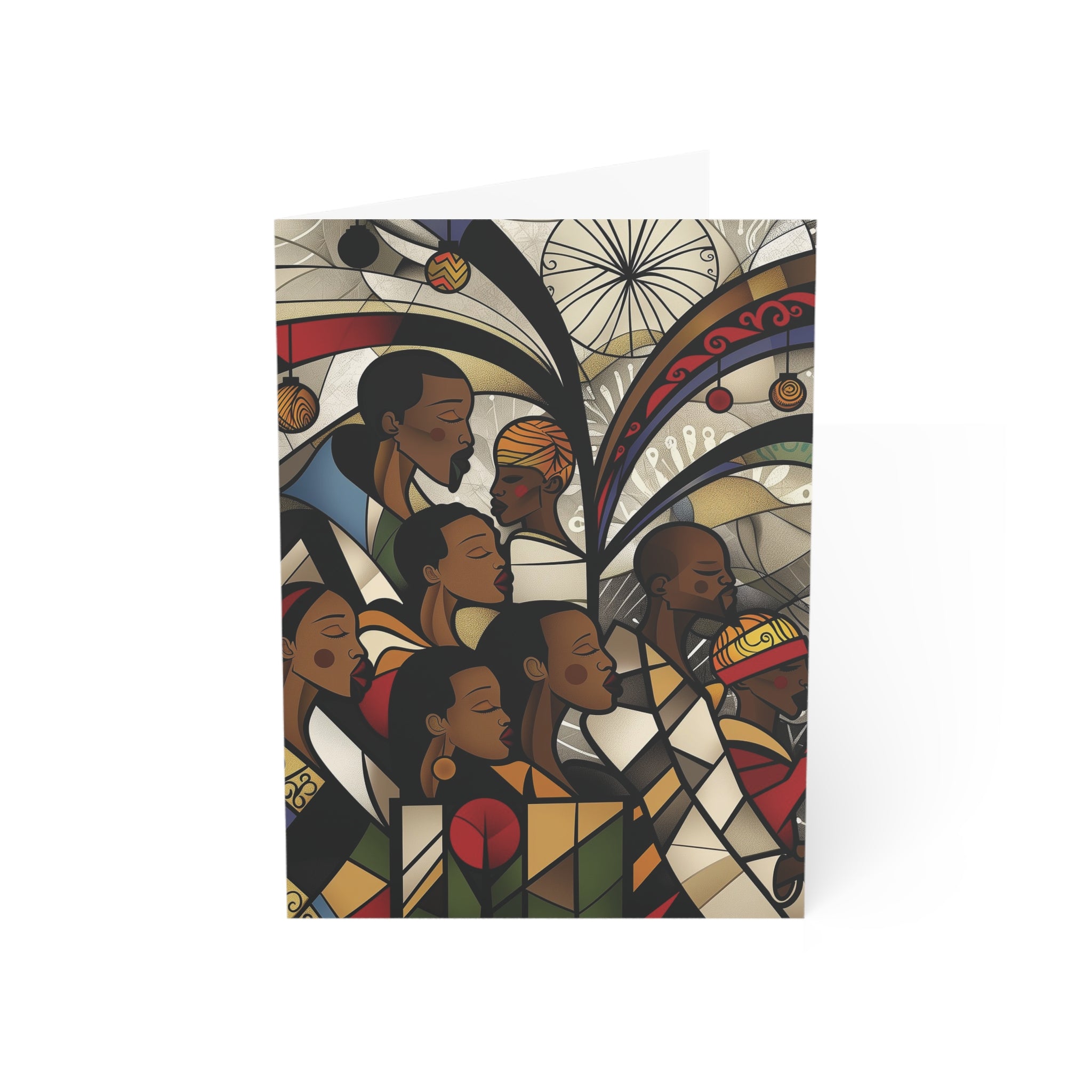 Black Christmas Choir Christmas Card featuring Afrocentric stained glass design of an African American choir singing joyfully, available as a single card or multipack with white envelopes.