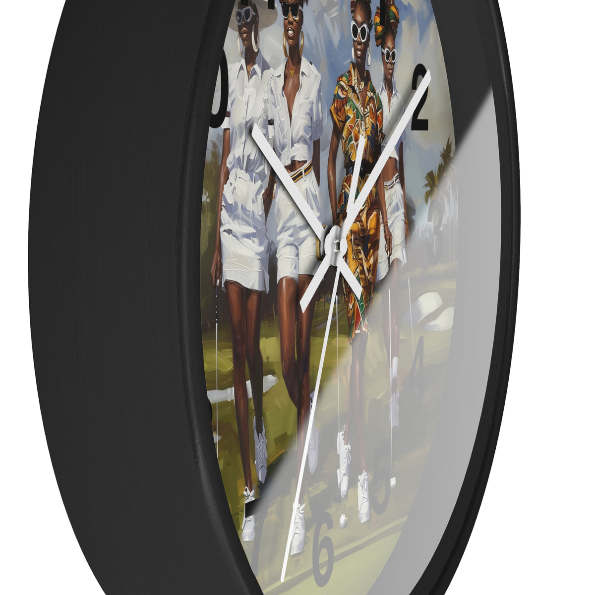 Edge view of a round wall clock with a black frame and a printed face showing three fashion models walking outdoors. The clock is photographed against a plain white background.