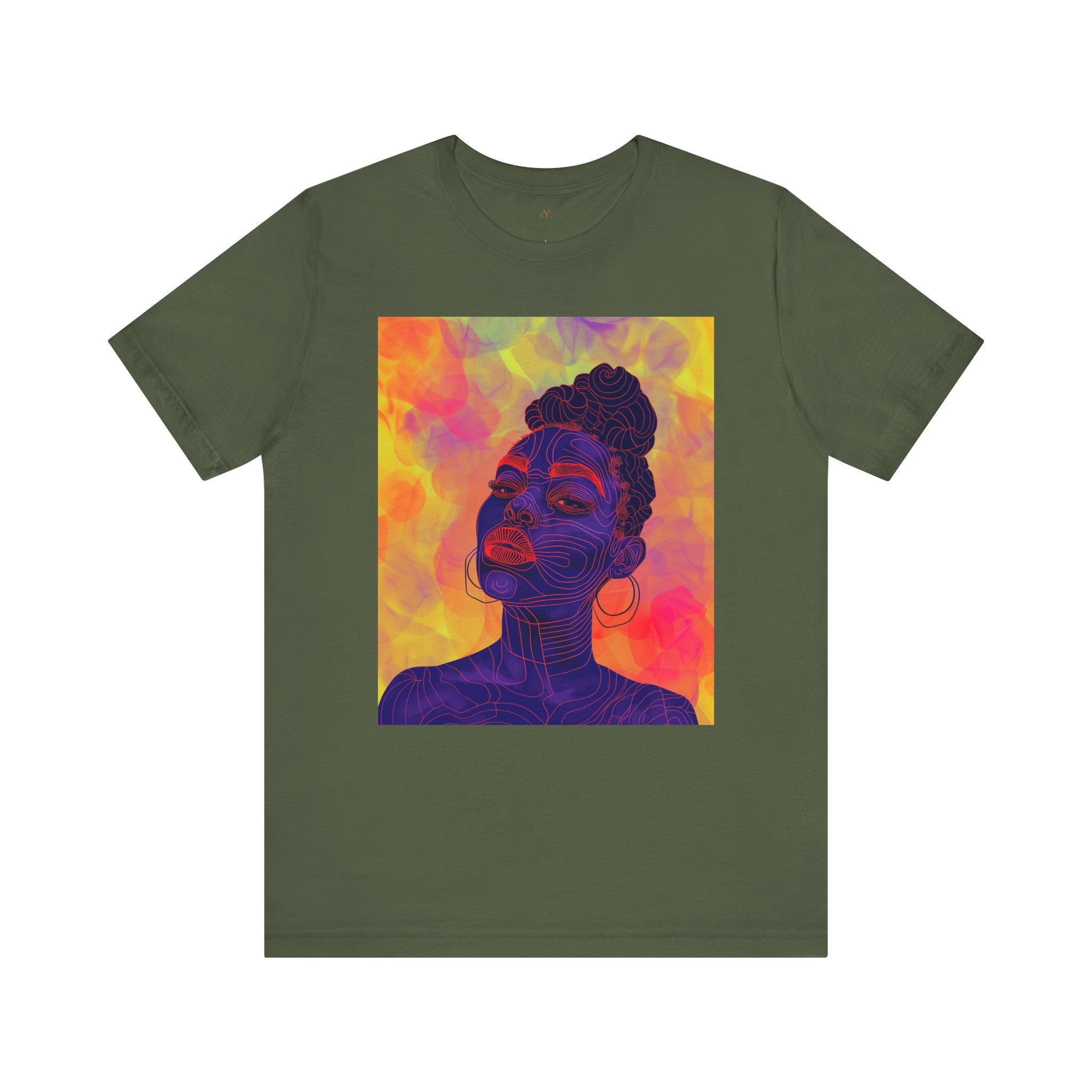 Leela Tee featuring Black woman with royal blue skin and red lipstick, Afrocentric fashion t-shirt for African American women, unisex apparel.