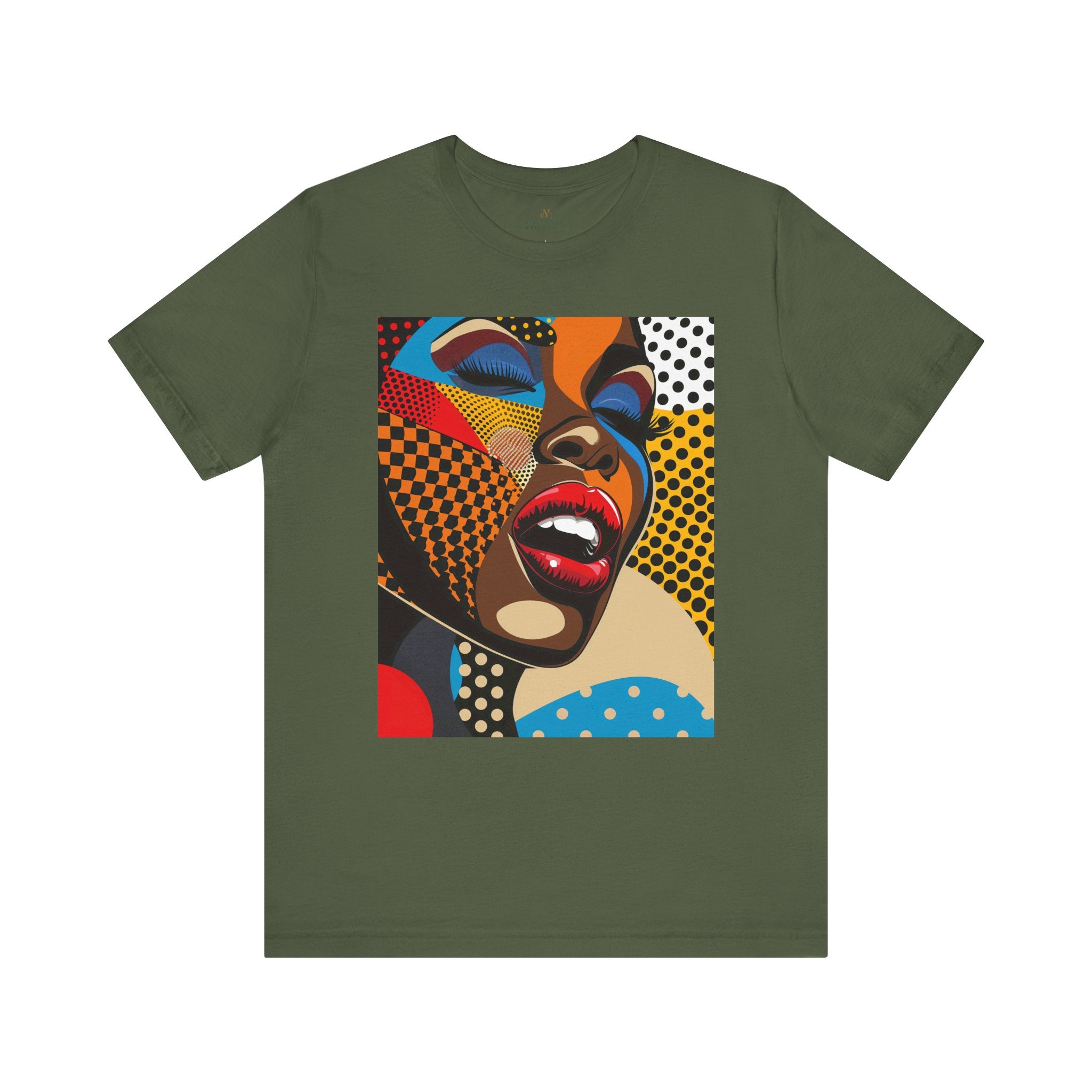 Beautiful Black Girl Pop Art Tee featuring a comic book-style illustration of an African American woman with closed eyes and bold red lips singing. Designed in bright, vivid colors with Afrocentric flair and Pop Art movement aesthetics.