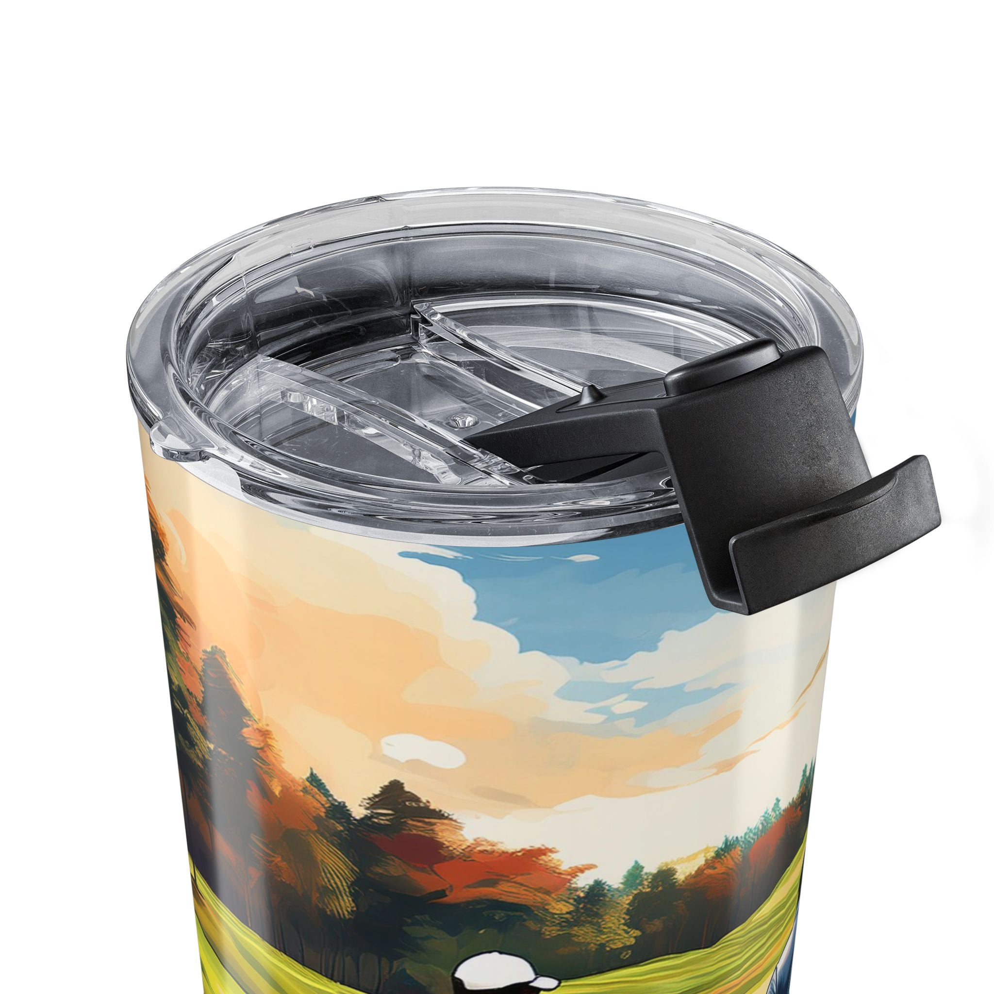 20 oz tumbler with painterly illustration of Black men playing golf on a green course, featuring a clear push-on lid with rubber gasket for hot and cold beverages.