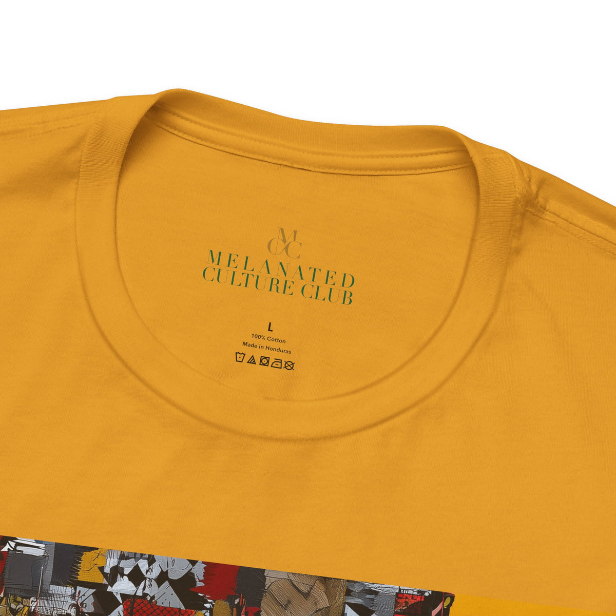 A mustard yellow short-sleeve t-shirt featuring the inside brand logo and size.