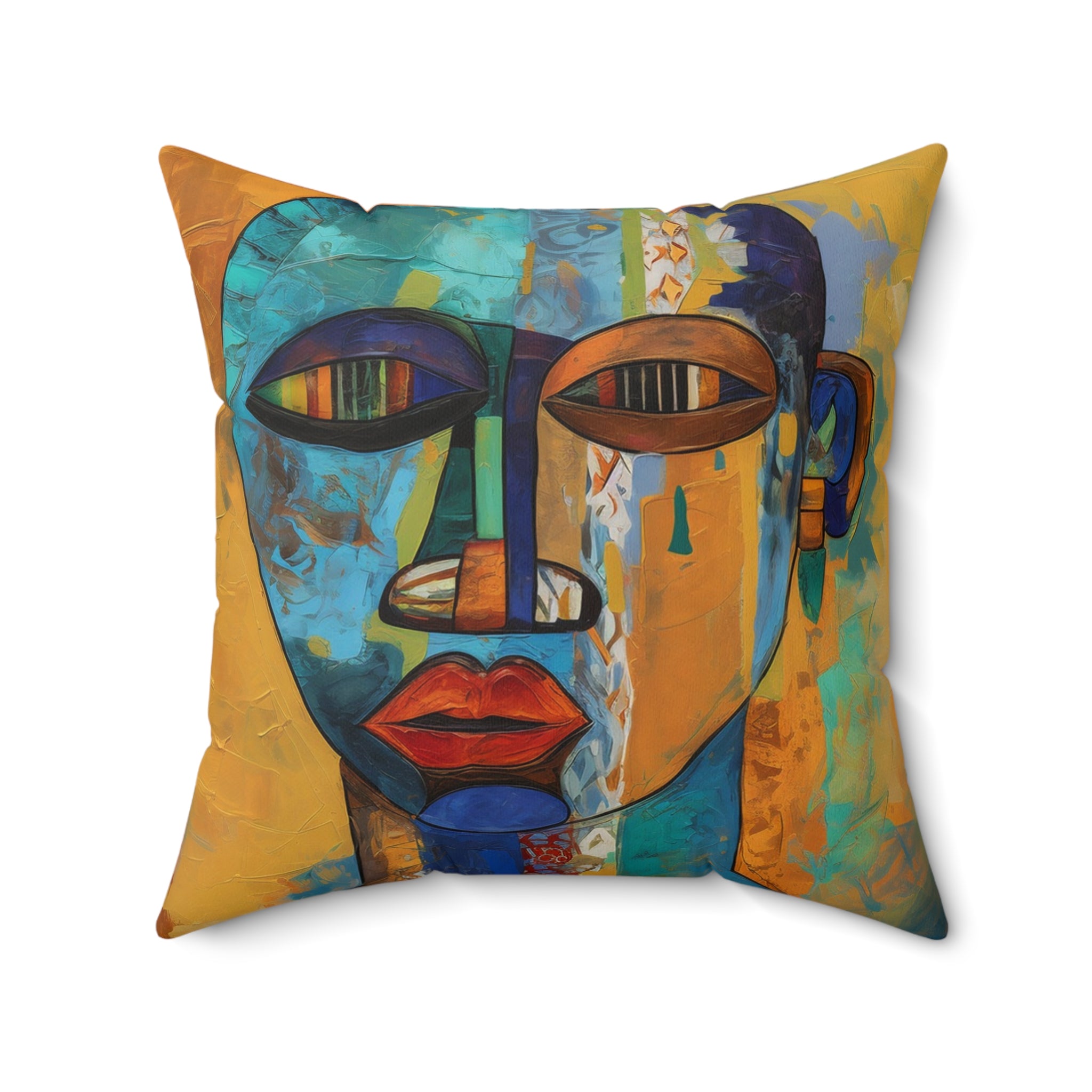 African Mask Faux Suede Square Pillow featuring an abstract African mask design in vibrant gold, teal, and orange colors. Afrocentric home decor accent for sofa or bed, celebrating African culture and modern abstract art.