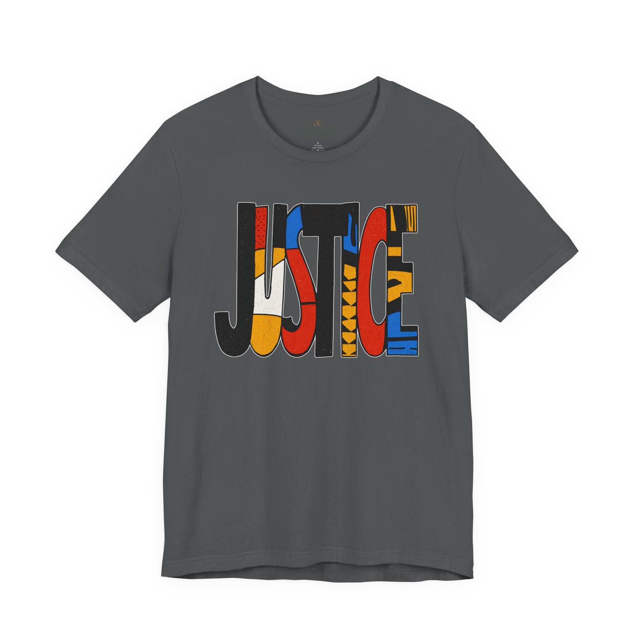 A dark gray crewneck t-shirt featuring a large graphic print on the front that spells 'JUSTICE' using various colorful patterns and textures.