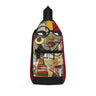 Latisha crossbody sling bag featuring an abstract cartoon-style Black woman with oversized round black eyeglasses in a vibrant Afrocentric graffiti art design celebrating Black girl magic and empowerment.