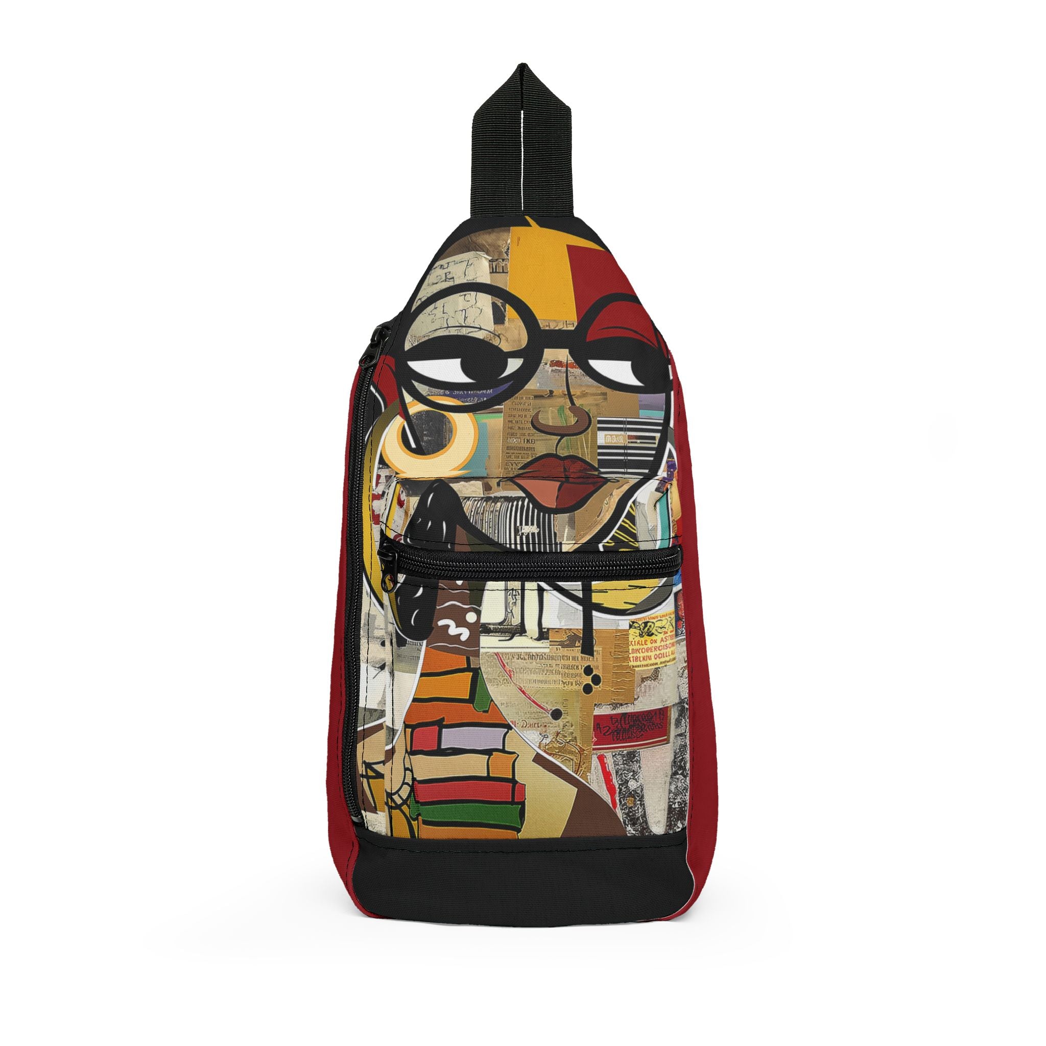 Latisha crossbody sling bag featuring an abstract cartoon-style Black woman with oversized round black eyeglasses in a vibrant Afrocentric graffiti art design celebrating Black girl magic and empowerment.