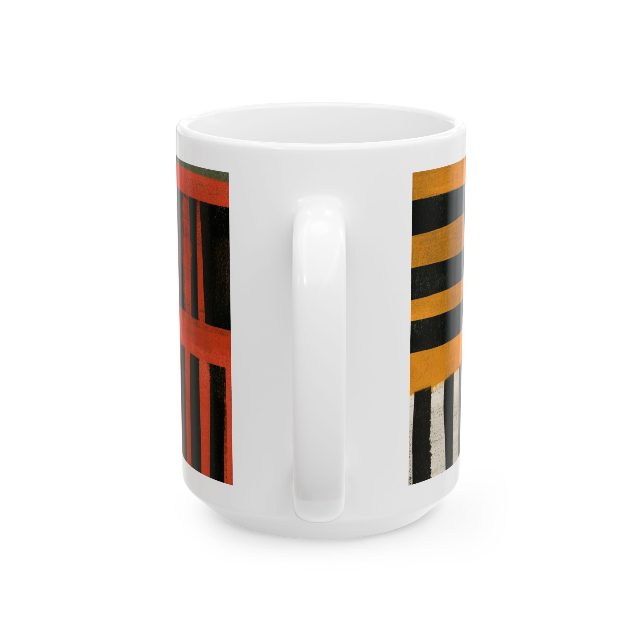 Back view of 15 oz Afrocentric abstract coffee mug featuring bold geometric shapes and textured patterns in red, gold, black, and cream, displayed against a white background.