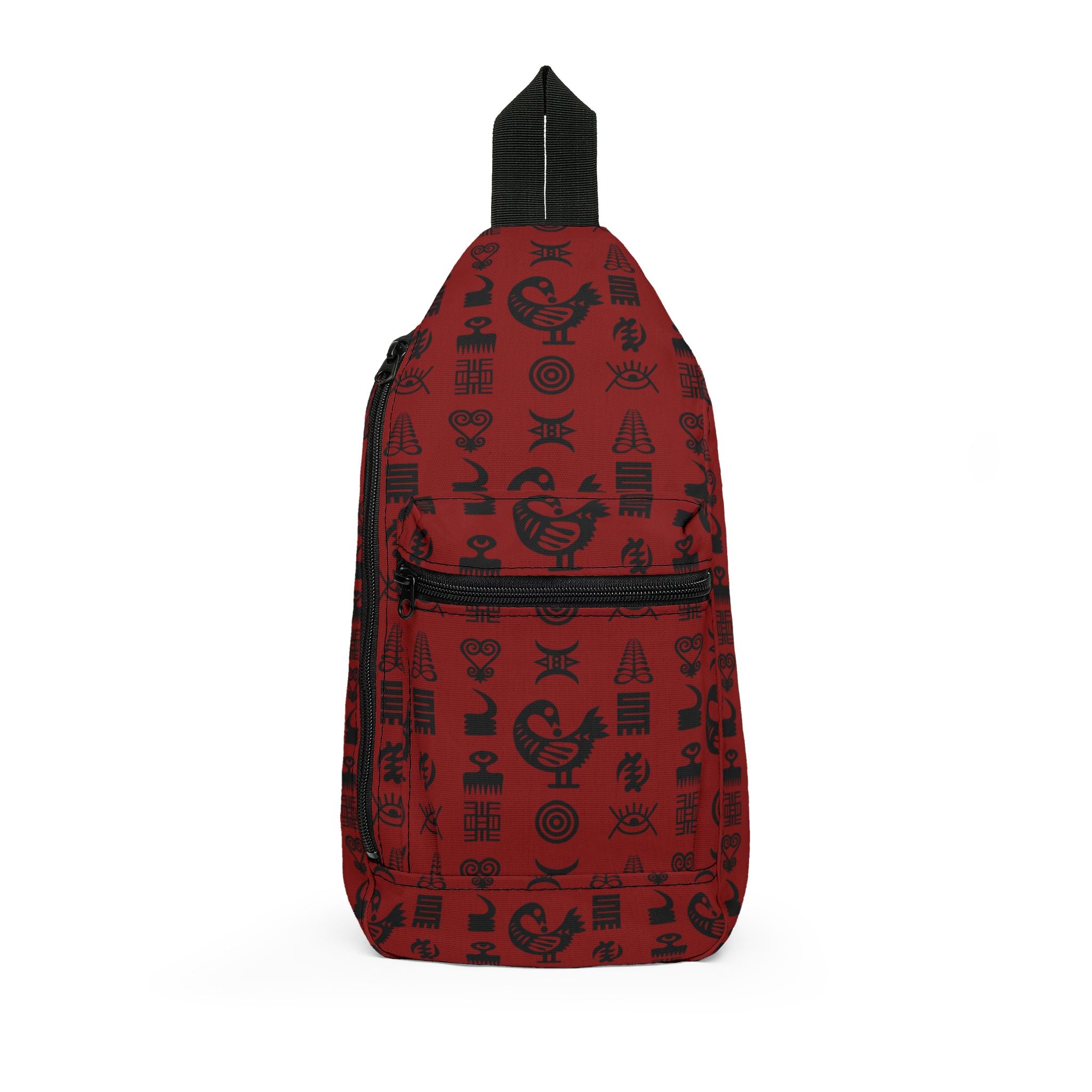 Crossbody sling bag featuring traditional Ghanaian Adinkra symbols in an Afrocentric pattern celebrating African heritage, culture, wisdom, and unity.
