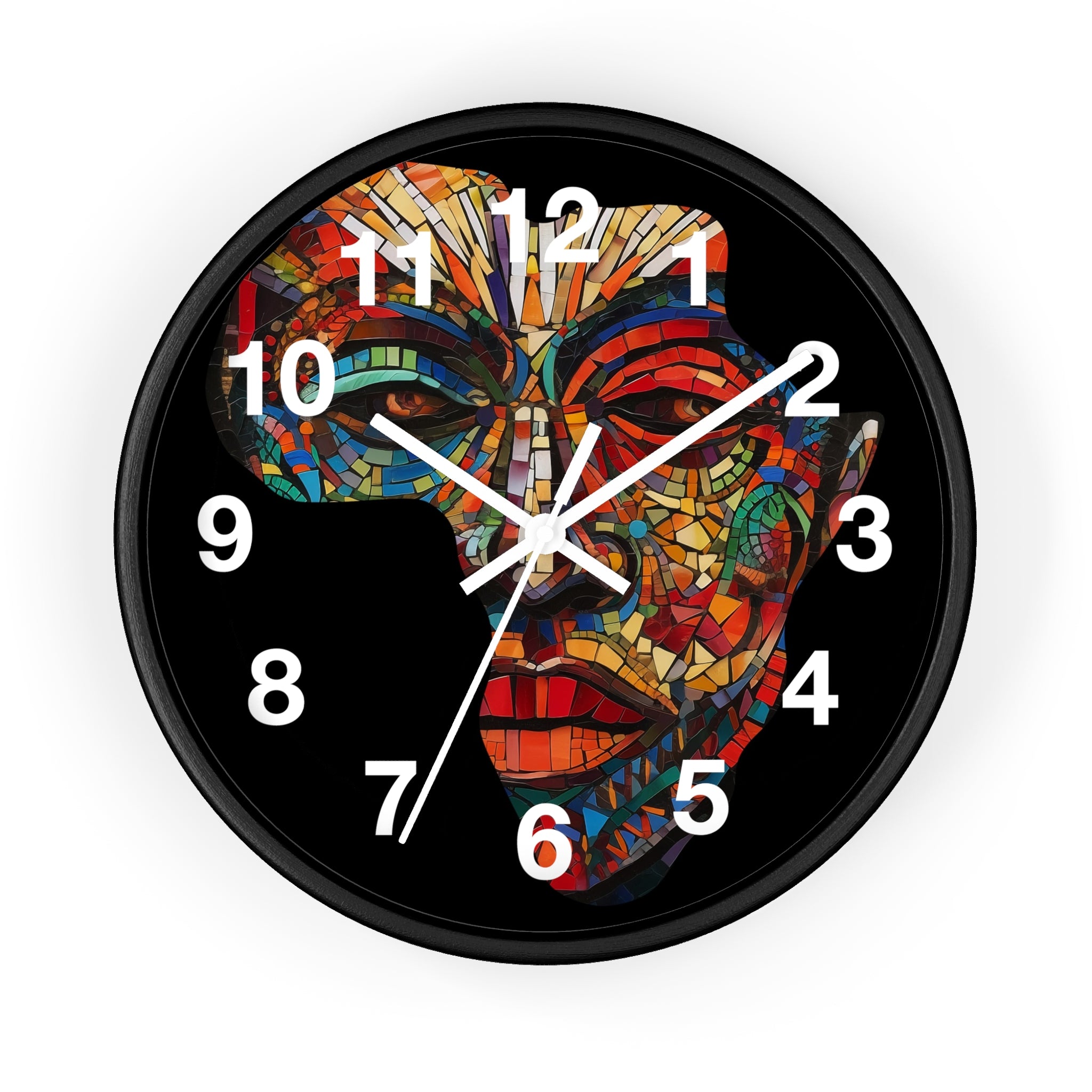 African Mosaic Mask Round Wall Clock featuring a mosaic-style African mask in the shape of the continent of Africa. Abstract Afrocentric wall decor with bold geometric patterns and vibrant colors.