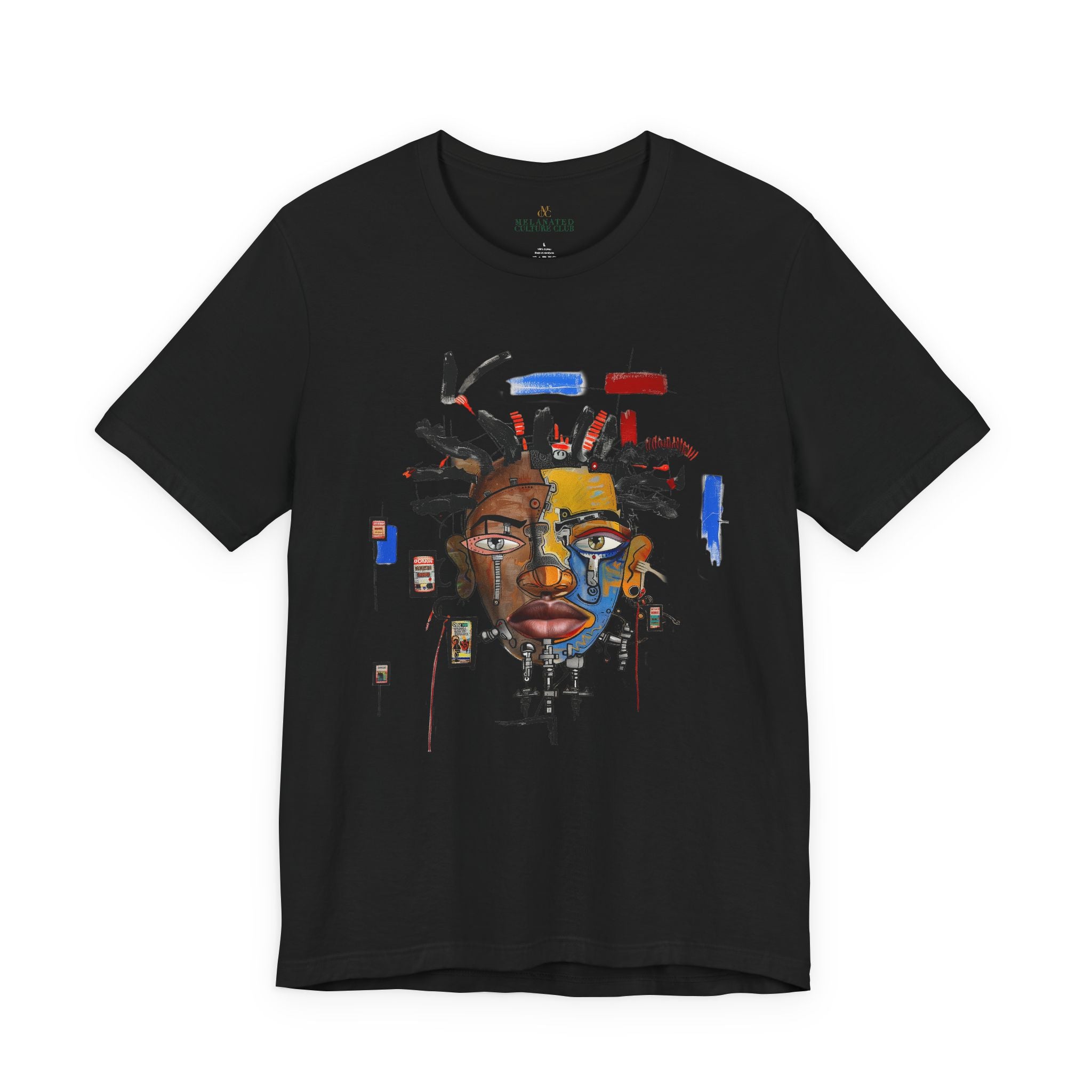 Abstract Afrocentric t-shirt featuring a split-face portrait of a Black man, half human and half robot, with expressive facial features and futuristic mechanical details in an Afrofuturism art style. Series 03