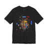 Abstract Afrocentric t-shirt featuring a split-face portrait of a Black man, half human and half robot, with expressive facial features and futuristic mechanical details in an Afrofuturism art style. Series 03