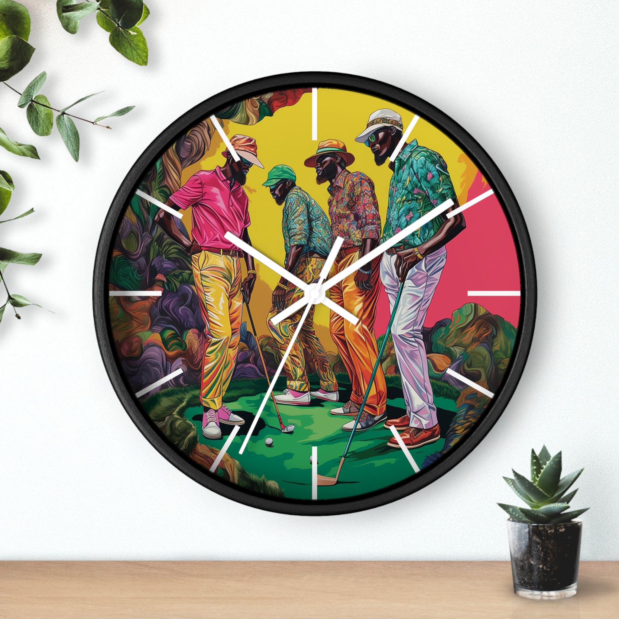 Black Men Playing Golf Wall Clock featuring African American golfers on the green. Afrocentric sports wall decor celebrating Black men in golf, leisure, and culture.