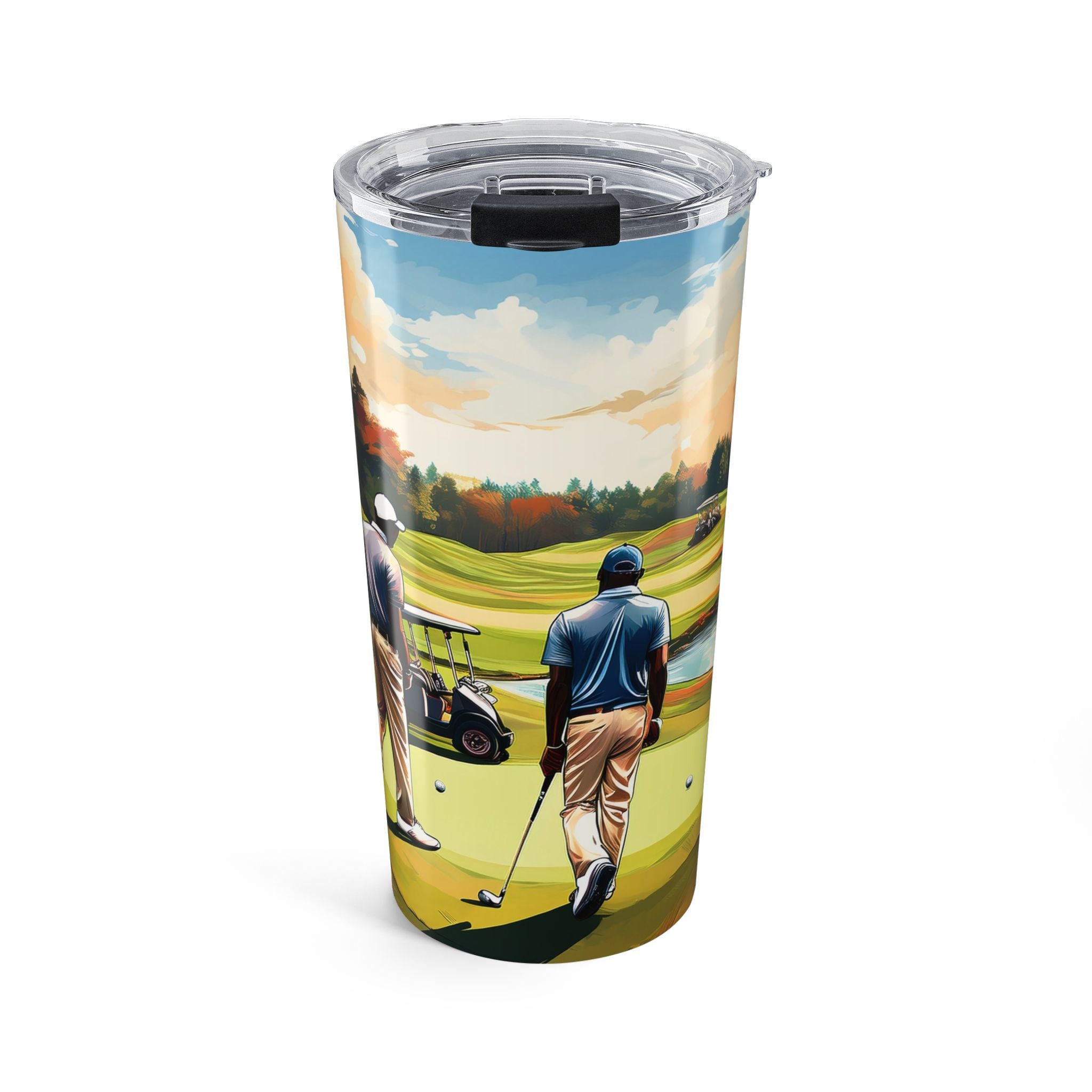 20 oz tumbler with painterly illustration of Black men playing golf on a green course, featuring a clear push-on lid with rubber gasket for hot and cold beverages.