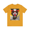 Black Woman Shock Pop Art Tee Shirt featuring an Afrocentric retro comic style illustration of a surprised Black woman. Bold psychedelic colors and vintage streetwear design celebrating African American fashion and expressive art.