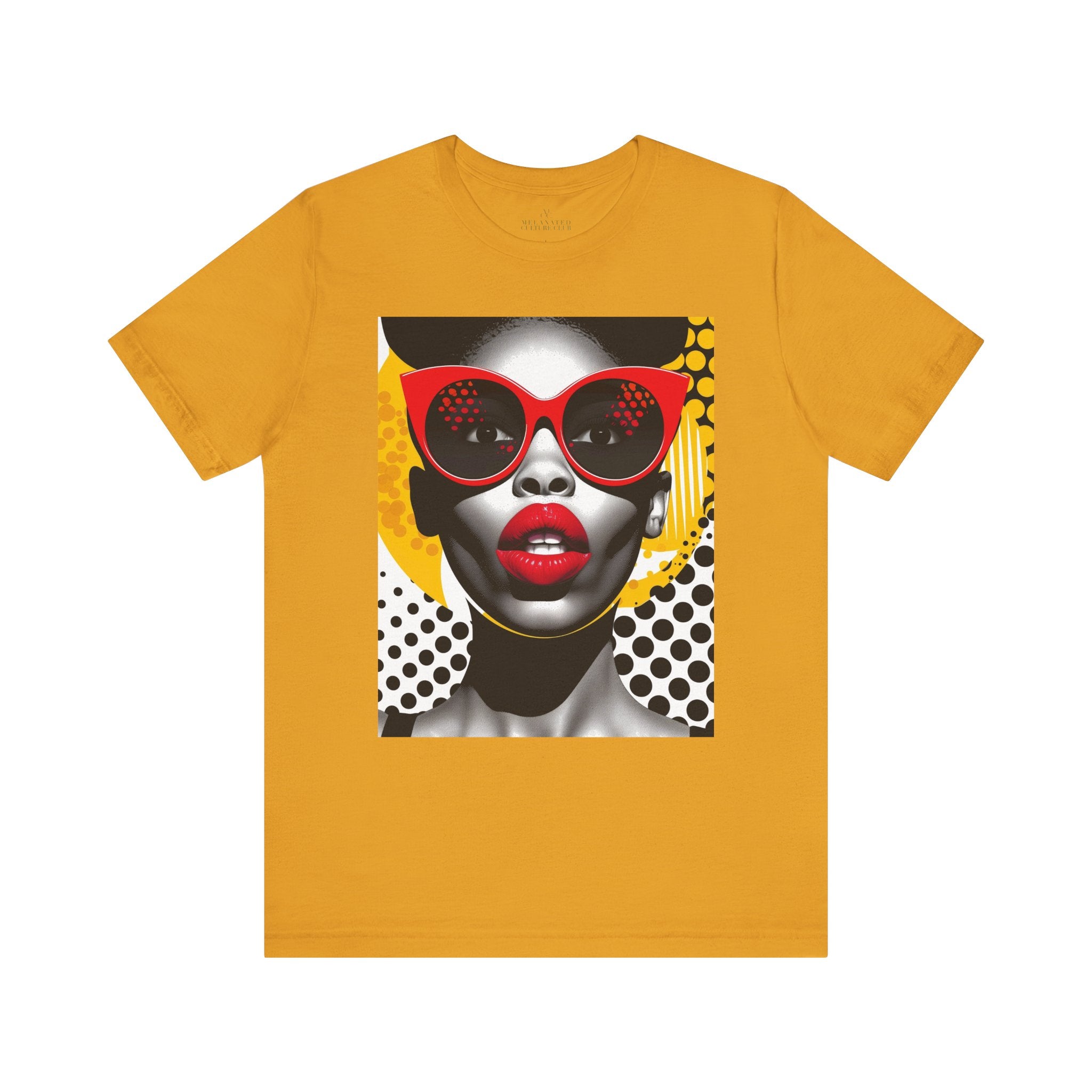 Black Woman Shock Pop Art Tee Shirt featuring an Afrocentric retro comic style illustration of a surprised Black woman. Bold psychedelic colors and vintage streetwear design celebrating African American fashion and expressive art.