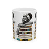 White coffee mug featuring an Afrocentric illustration of a peaceful Black woman embracing books, symbolizing education, knowledge, freedom, and generational legacy.
