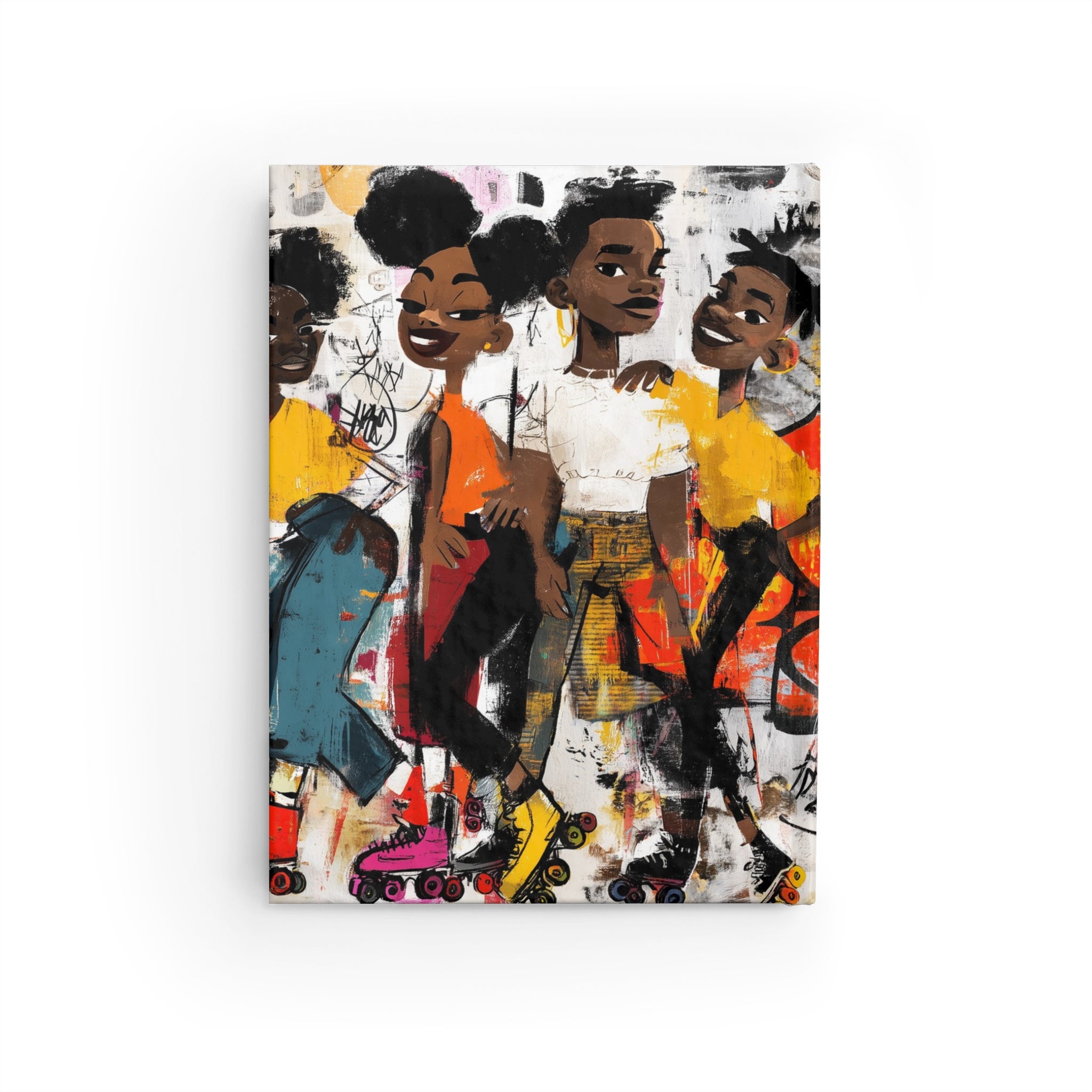 Back of hardcover journal featuring cartoon style Black teens roller skaters, journal against a white background.