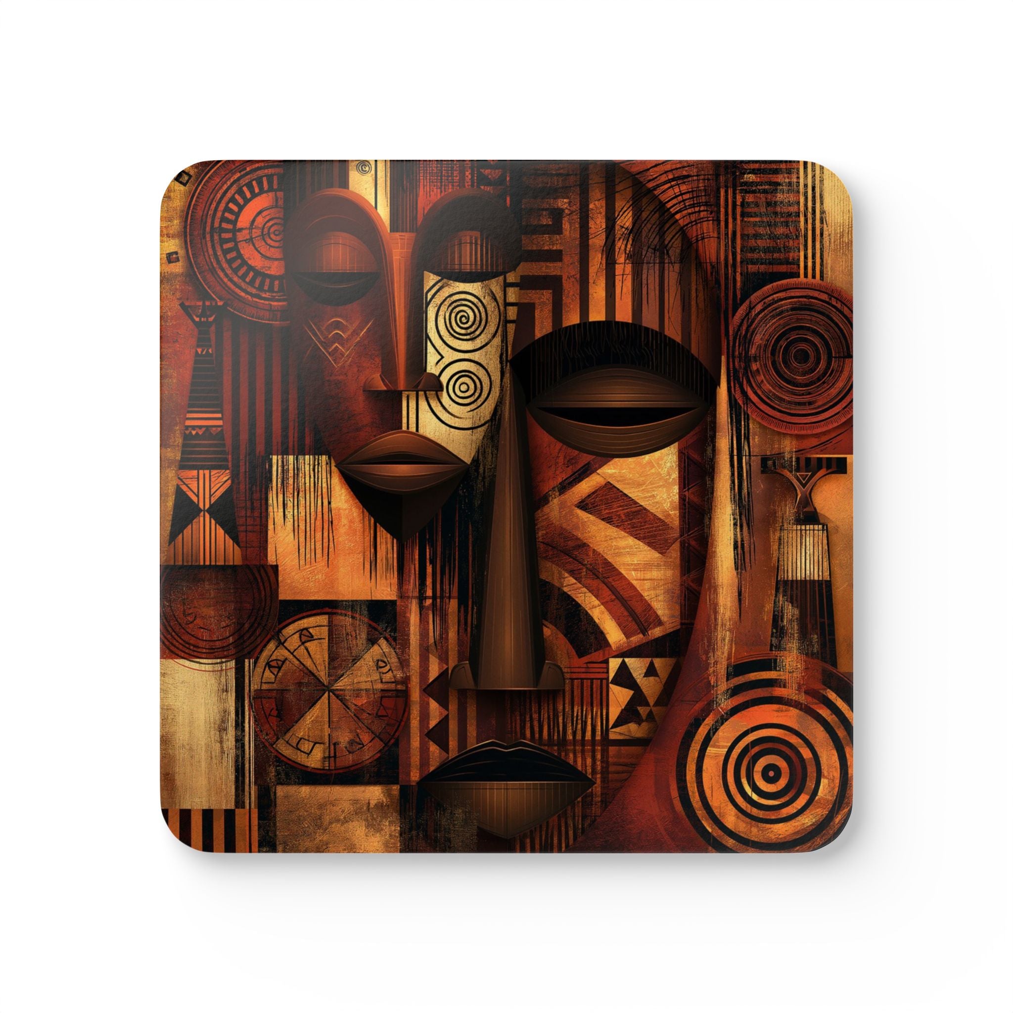 Set of four African Mask beverage coasters featuring vibrant Afrocentric artwork with cork backing, perfect for protecting tables while adding African American cultural style to living rooms, coffee tables, kitchens, and home bars.