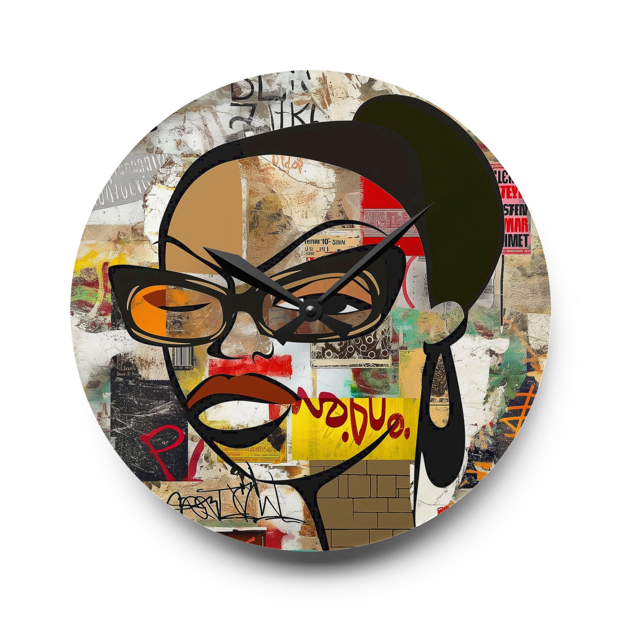 Boss Babe Black Girl Acrylic Wall Clock featuring a cartoon-style Black woman named Markeisha in a bold graffiti art design. Afrocentric modern wall decor celebrating Black girl magic, style, and empowerment.