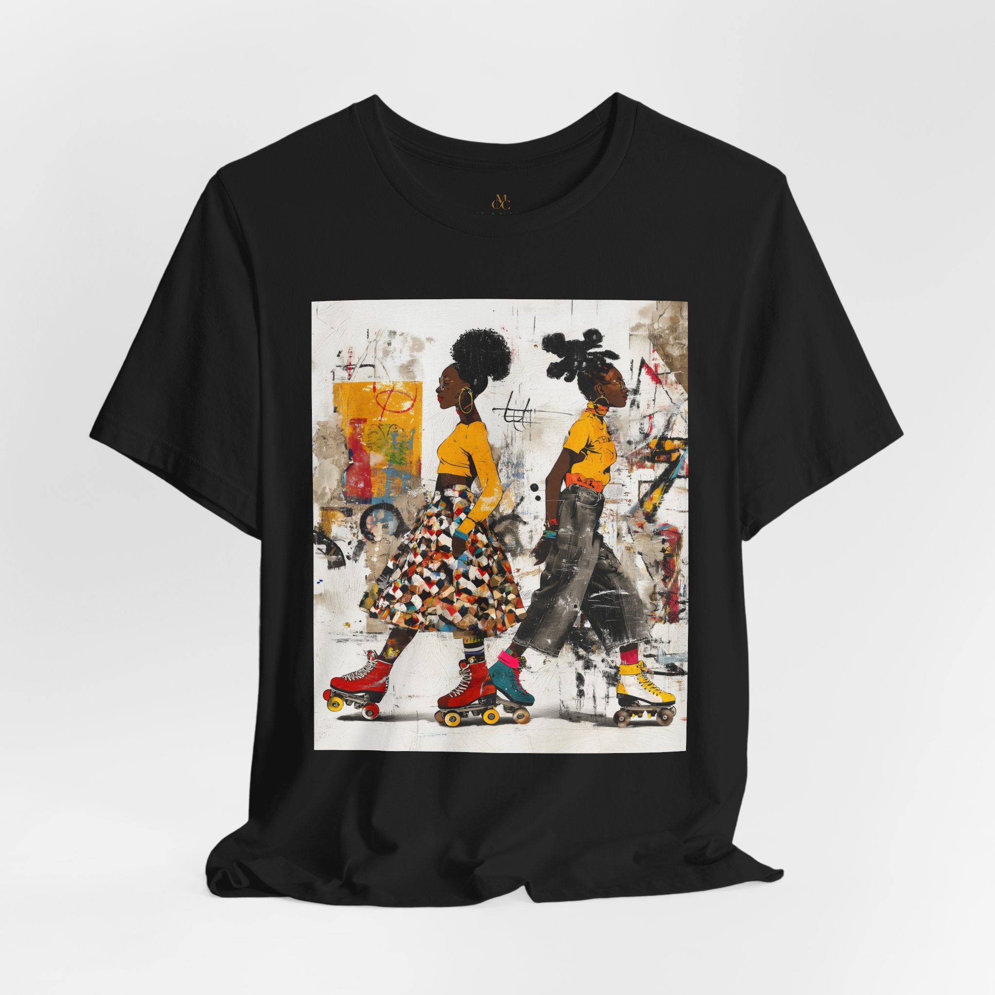 Two Black women with natural hairstyles wearing bold streetwear and roller skates, standing against a colorful abstract graffiti background on an Afrocentric graphic t-shirt.