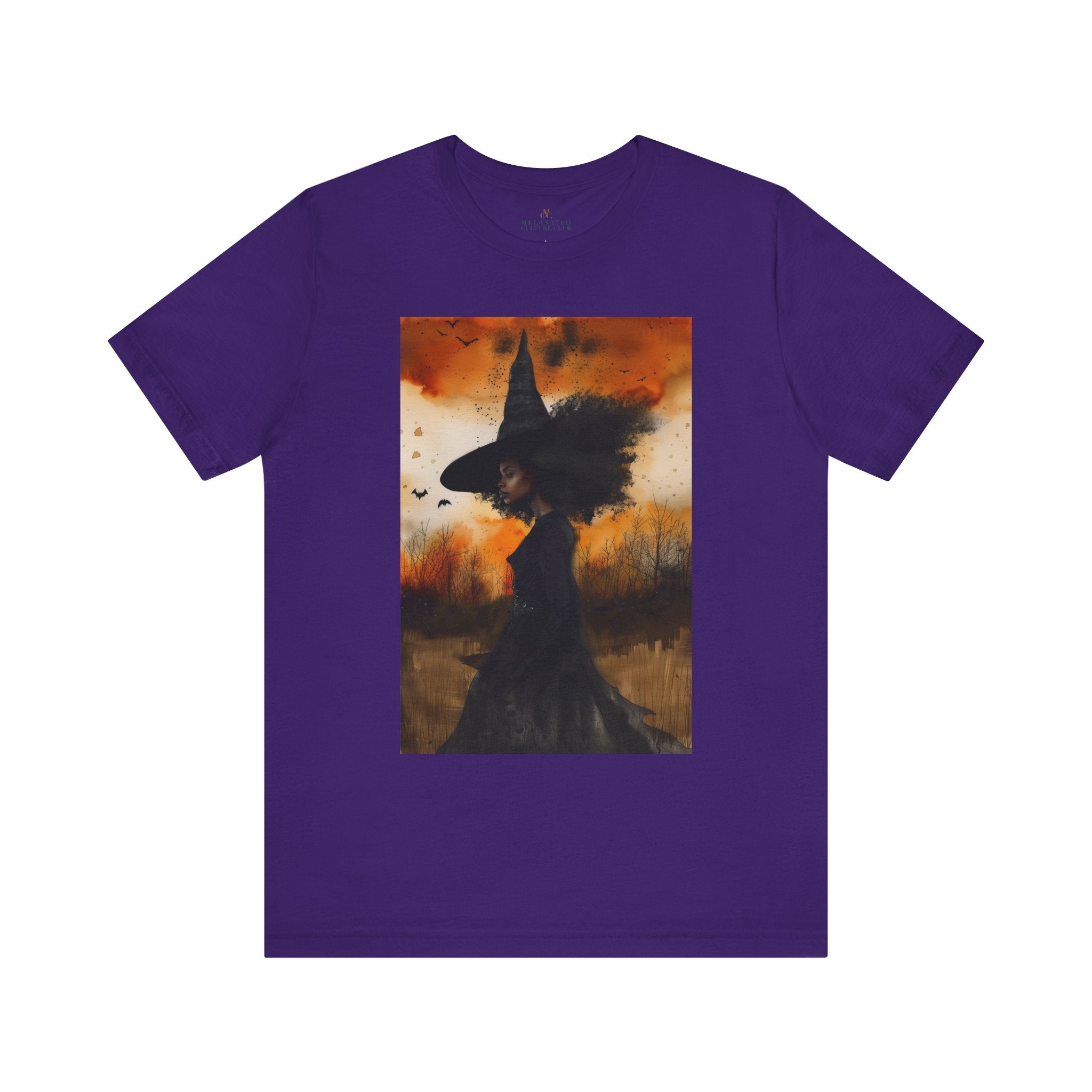 Afrocentric Black Witch T-Shirt featuring a watercolor illustration of an African American witch with black bats flying across a dark moody background. Unisex Halloween graphic tee with Afrocentric gothic design.