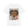 Abstract Afrocentric t-shirt featuring a split-face portrait of a Black man, half human and half robot, with expressive facial features and futuristic mechanical details in an Afrofuturism art style. Series 05