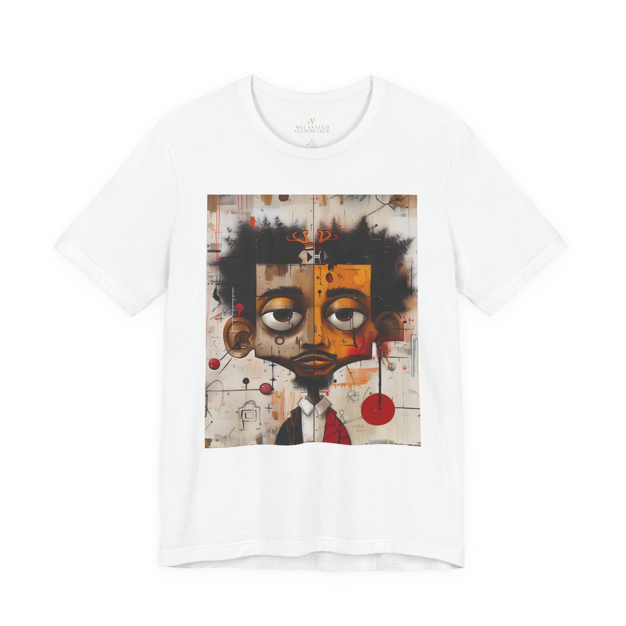 Abstract Afrocentric t-shirt featuring a split-face portrait of a Black man, half human and half robot, with expressive facial features and futuristic mechanical details in an Afrofuturism art style. Series 05